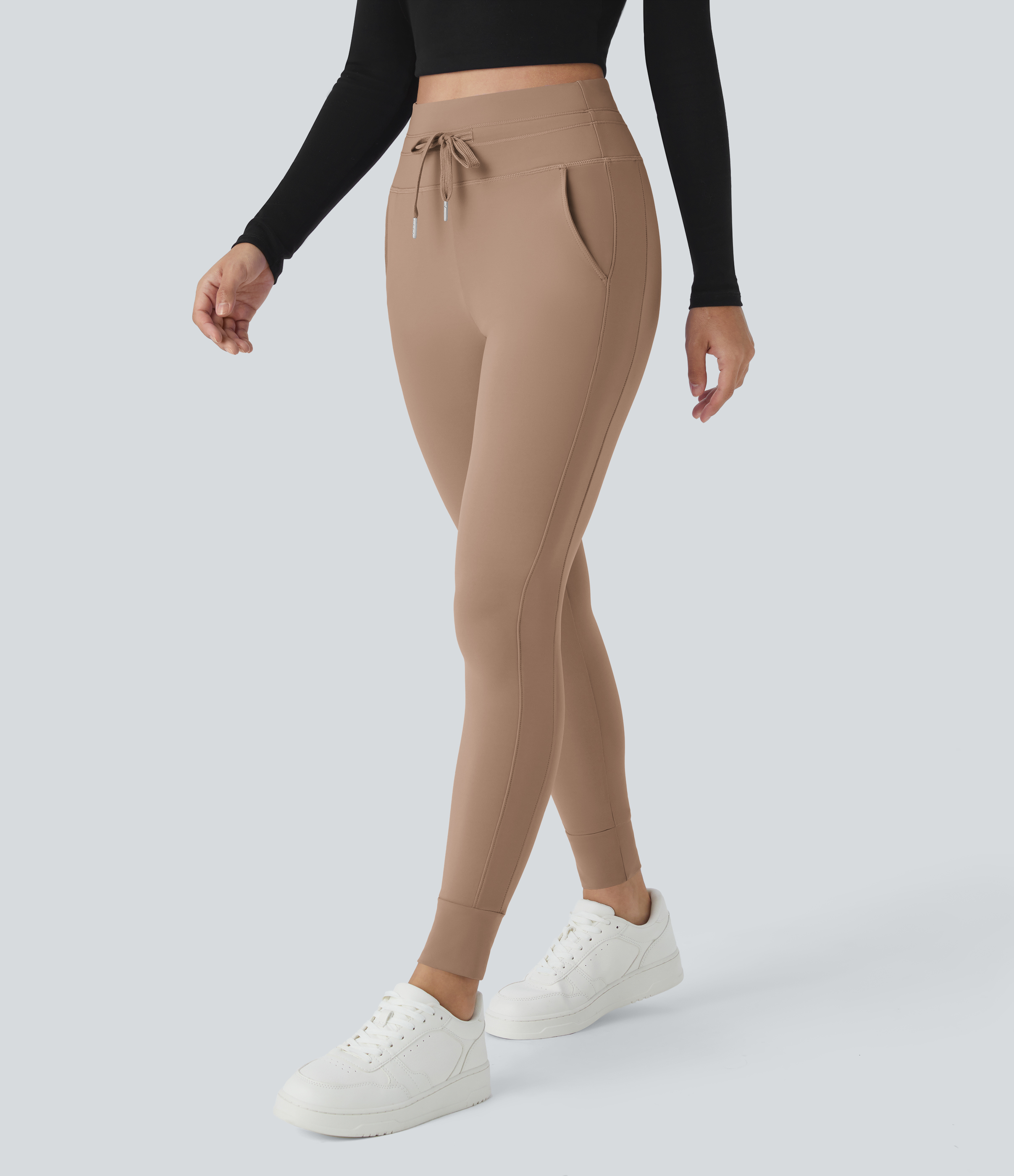 Halara Softlyzeroв„ў Plush High Waisted Drawstring Side Pocket Plain Full Length Joggers  - Burro - M(petite) 