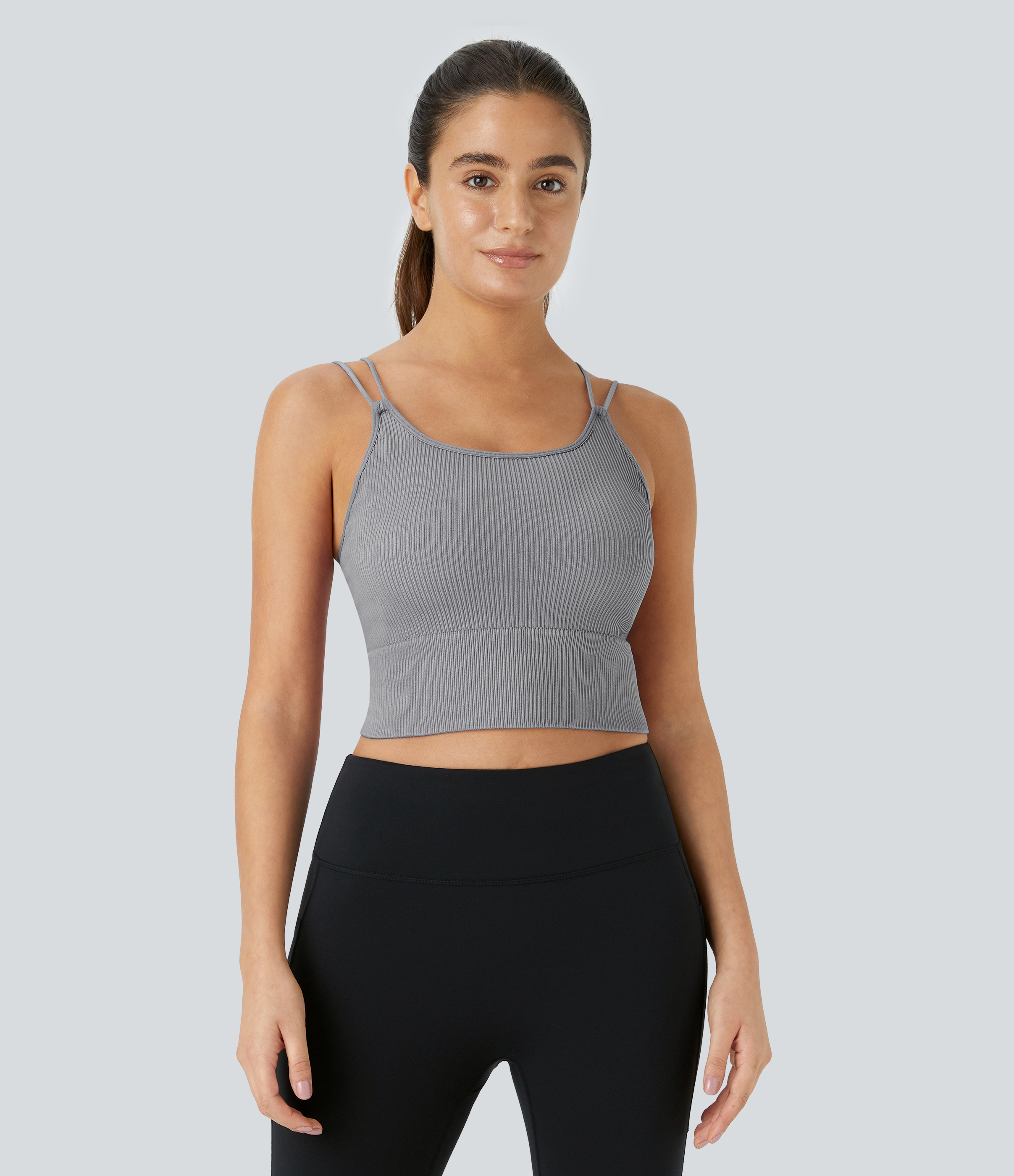 Halara Seamless Flow Double Straps V Back Cropped Yoga Tank Top Tank Top - Grey - M golf tops halter top tunic tops sleeveless tops 