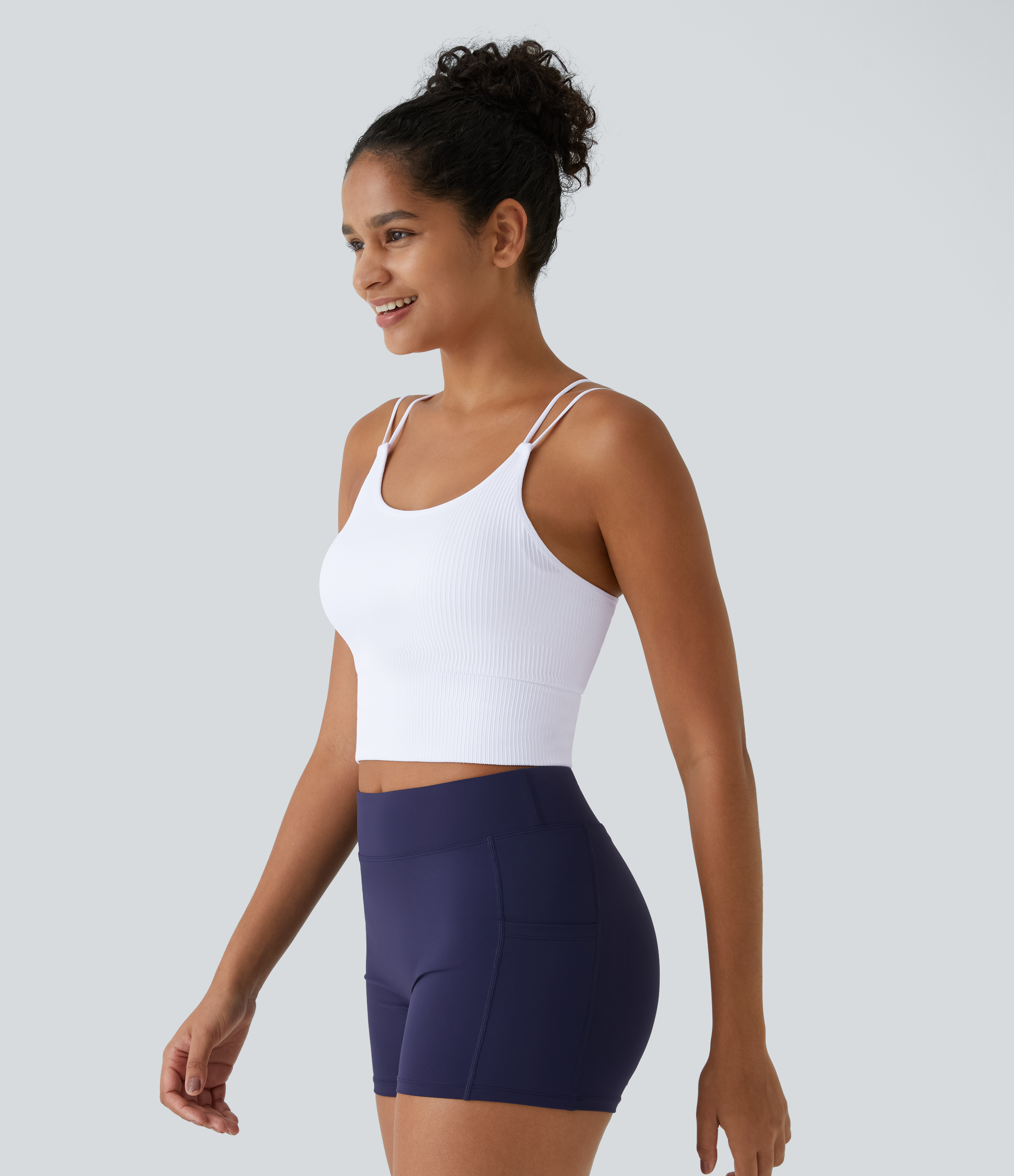 Halara Seamless Flow Double Straps V Back Cropped Running Cami Top Tank Top - White - XXS golf tops halter top tunic tops sleeveless tops 