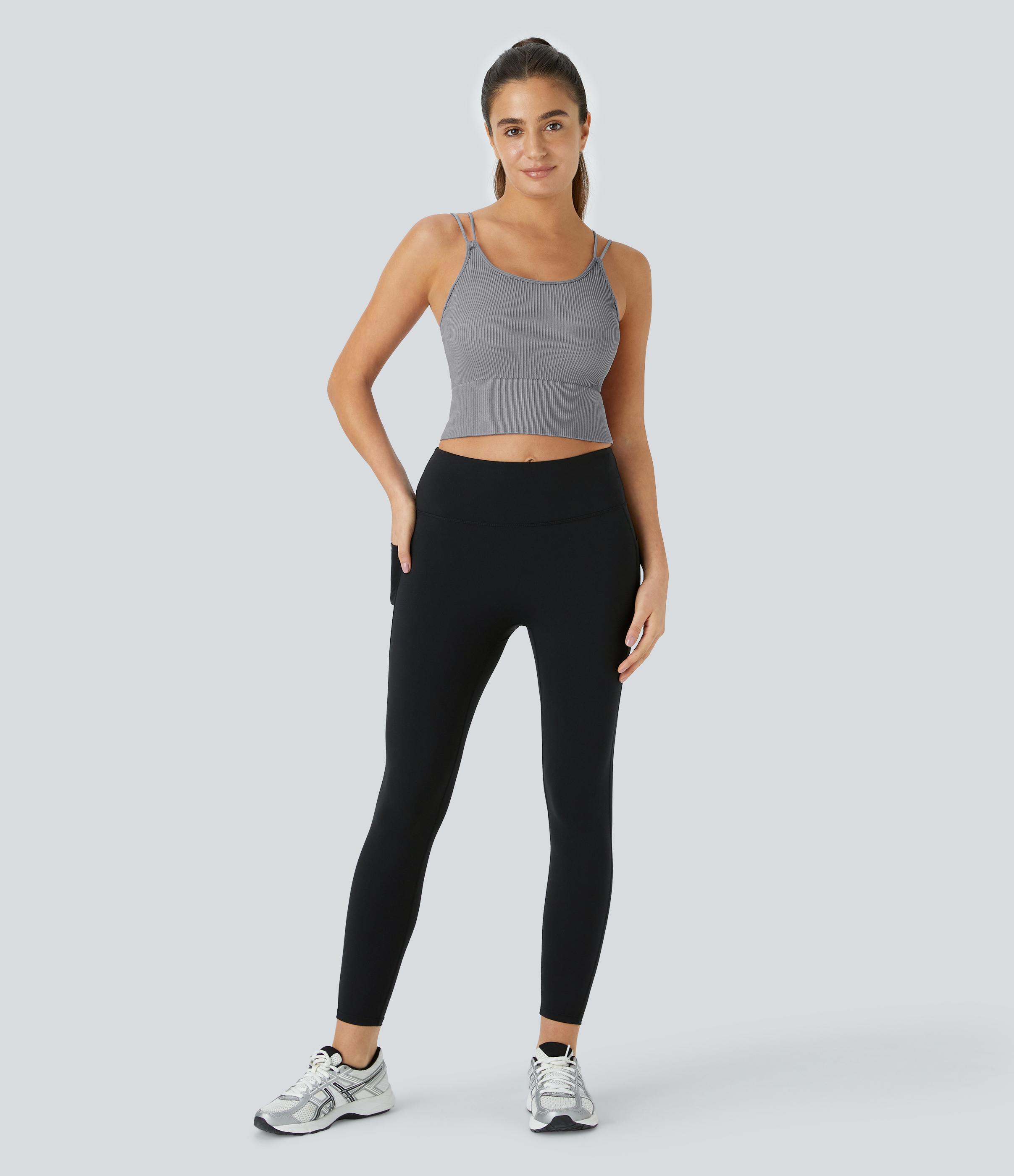 Halara Seamless Flow Double Straps V Back Cropped Yoga Tank Top Tank Top - Grey - M golf tops halter top tunic tops sleeveless tops 