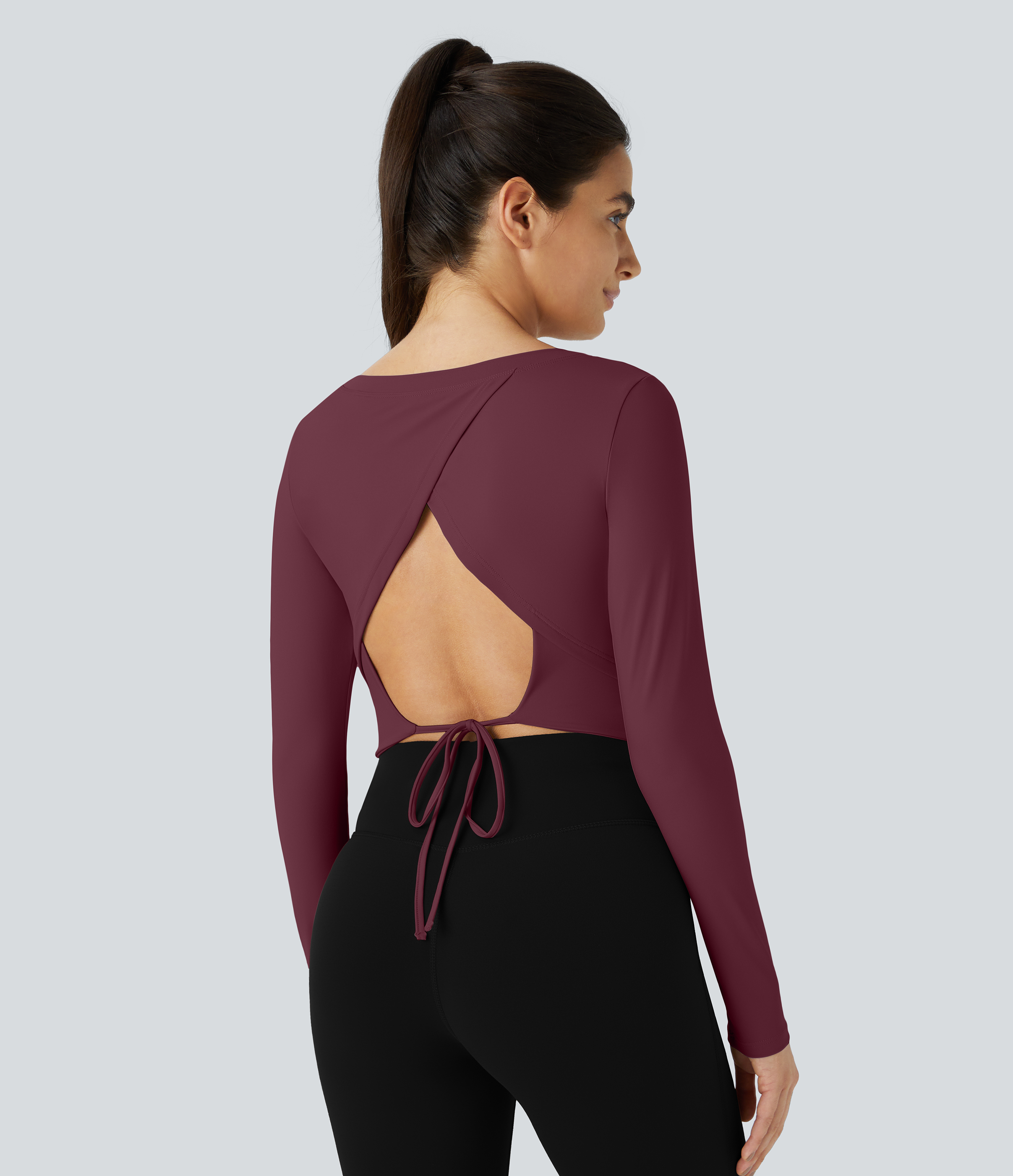 Halara Long Sleeve Backless Cut Out Tie Back Cropped Barre Ballet Dance Sports Top  - Fig - S 