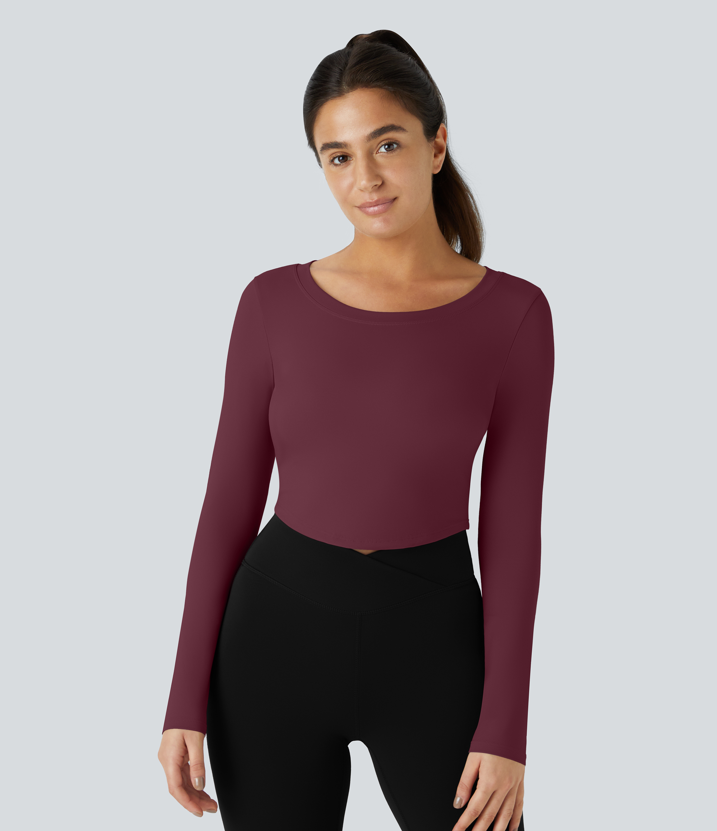 Halara Long Sleeve Backless Cut Out Tie Back Cropped Barre Ballet Dance Sports Top  - Fig - S 