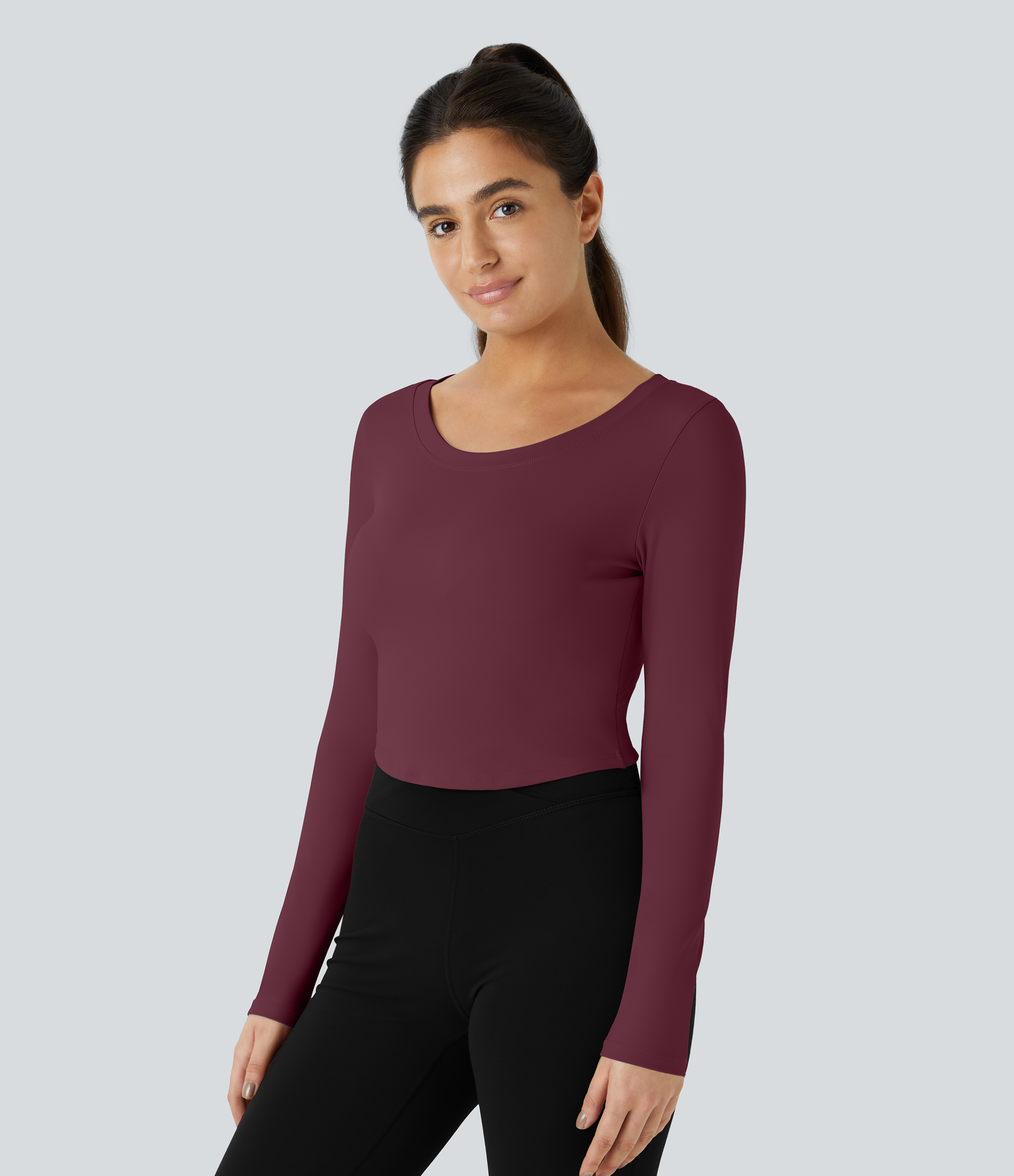 Halara Long Sleeve Backless Cut Out Tie Back Cropped Barre Ballet Dance Sports Top  - Fig - S 