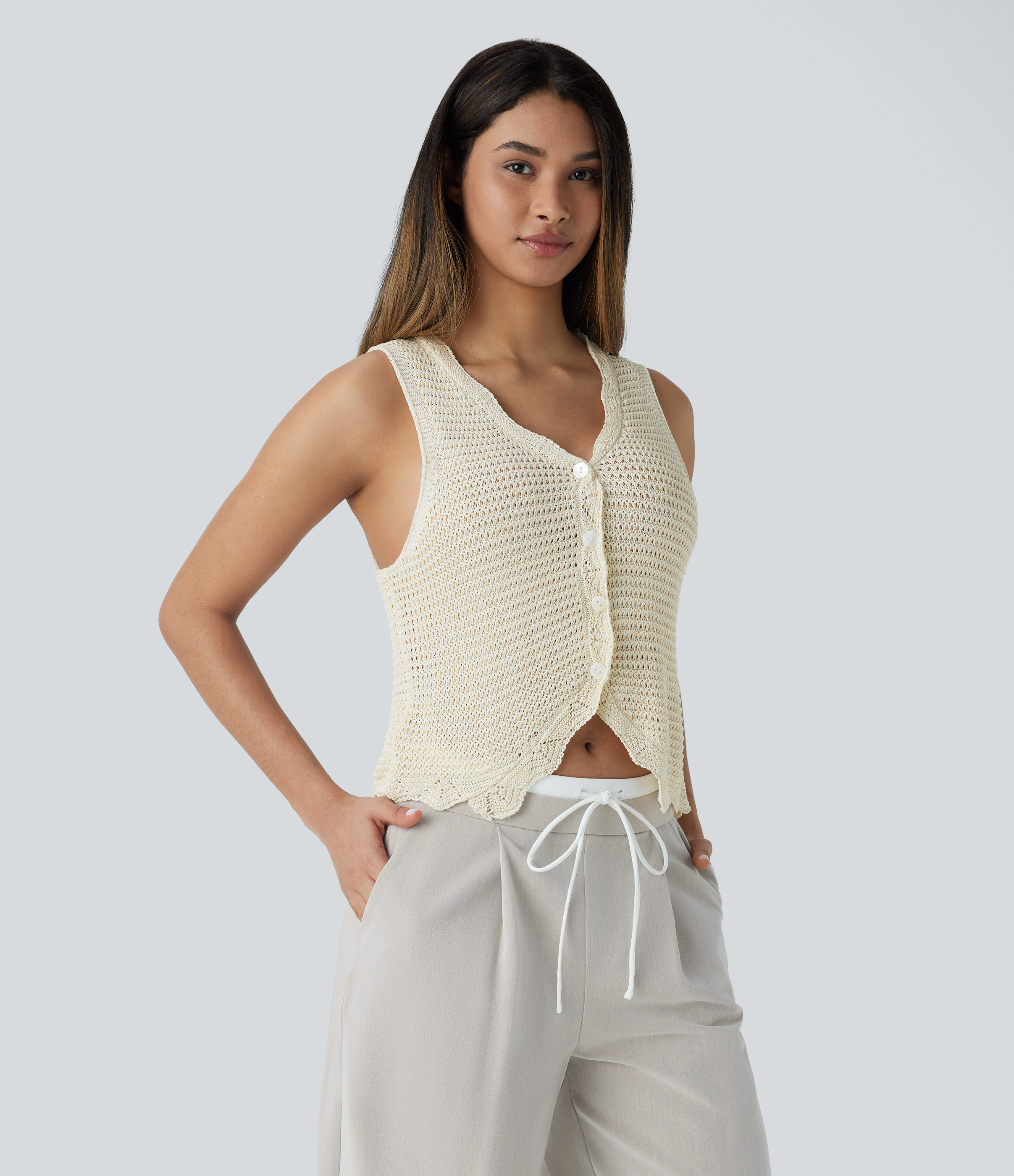 Halara V Neck Button Front Cut Out Resort Sweater Vest  - White Asparagus - L 