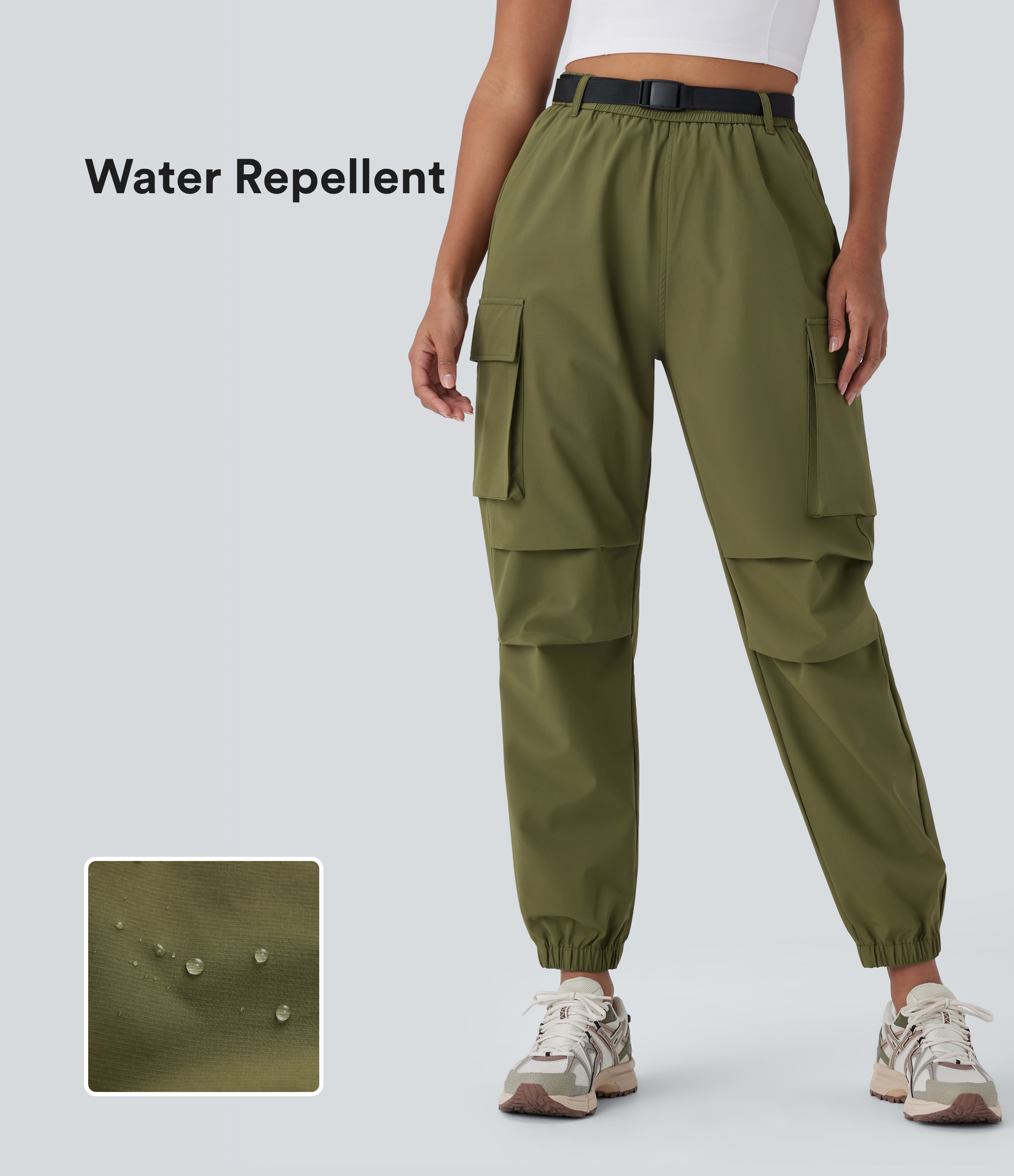 Halara Water Repellent High Waisted Belted Multiple Pockets Hiking Cargo Joggers  - Army Green - S(regular) 