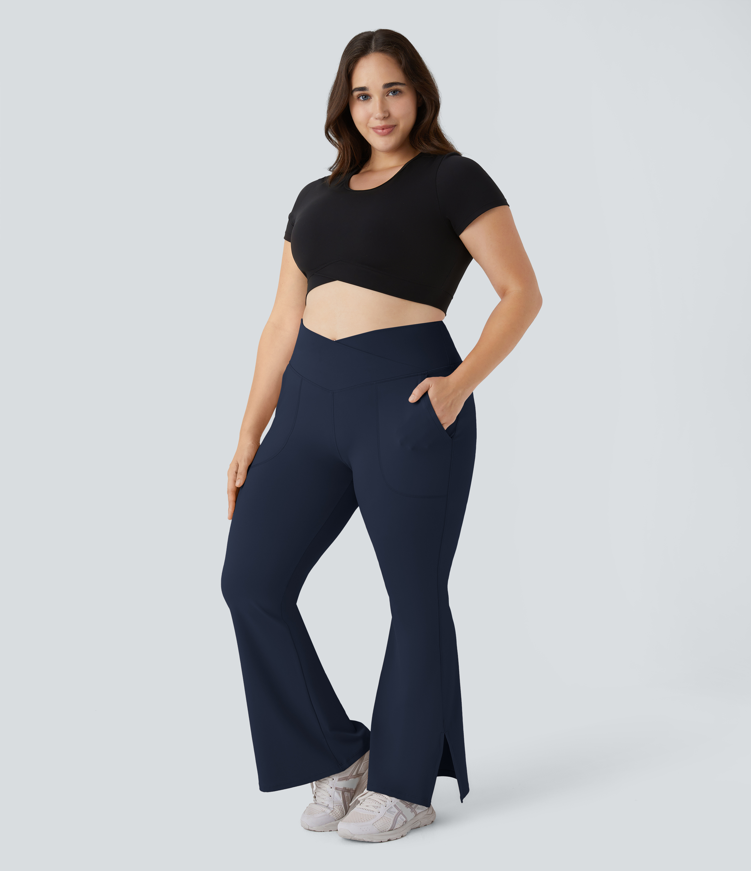 Halara Crossover Pocket Split Hem 7/8 Plus Size Flare Leggings-Smile  - Midnight Blue - 2X 