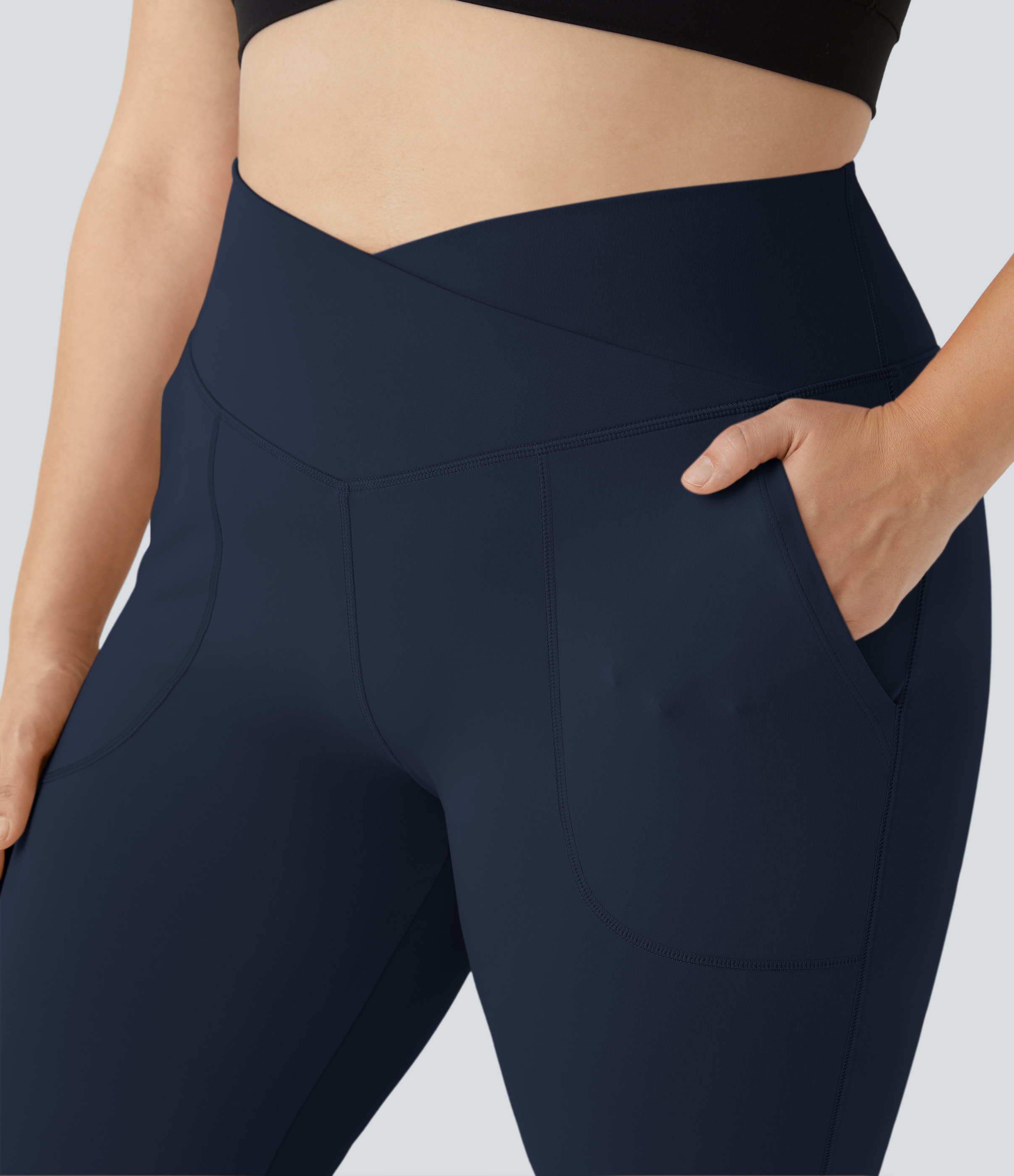 Halara Crossover Pocket Split Hem 7/8 Plus Size Flare Leggings-Smile  - Midnight Blue - 2X 