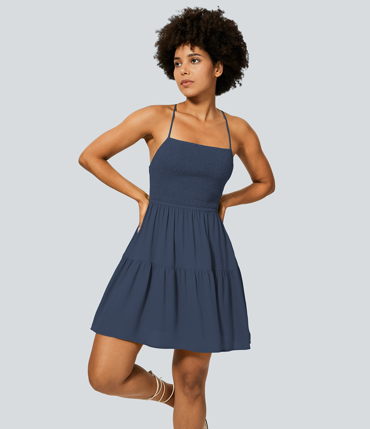Halara Backless Crisscross Adjustable Strap Shirred Plicated Flowy Mini Linen-Feel Casual Dress Casual Dress - Dark Night Blue - M slip dress 