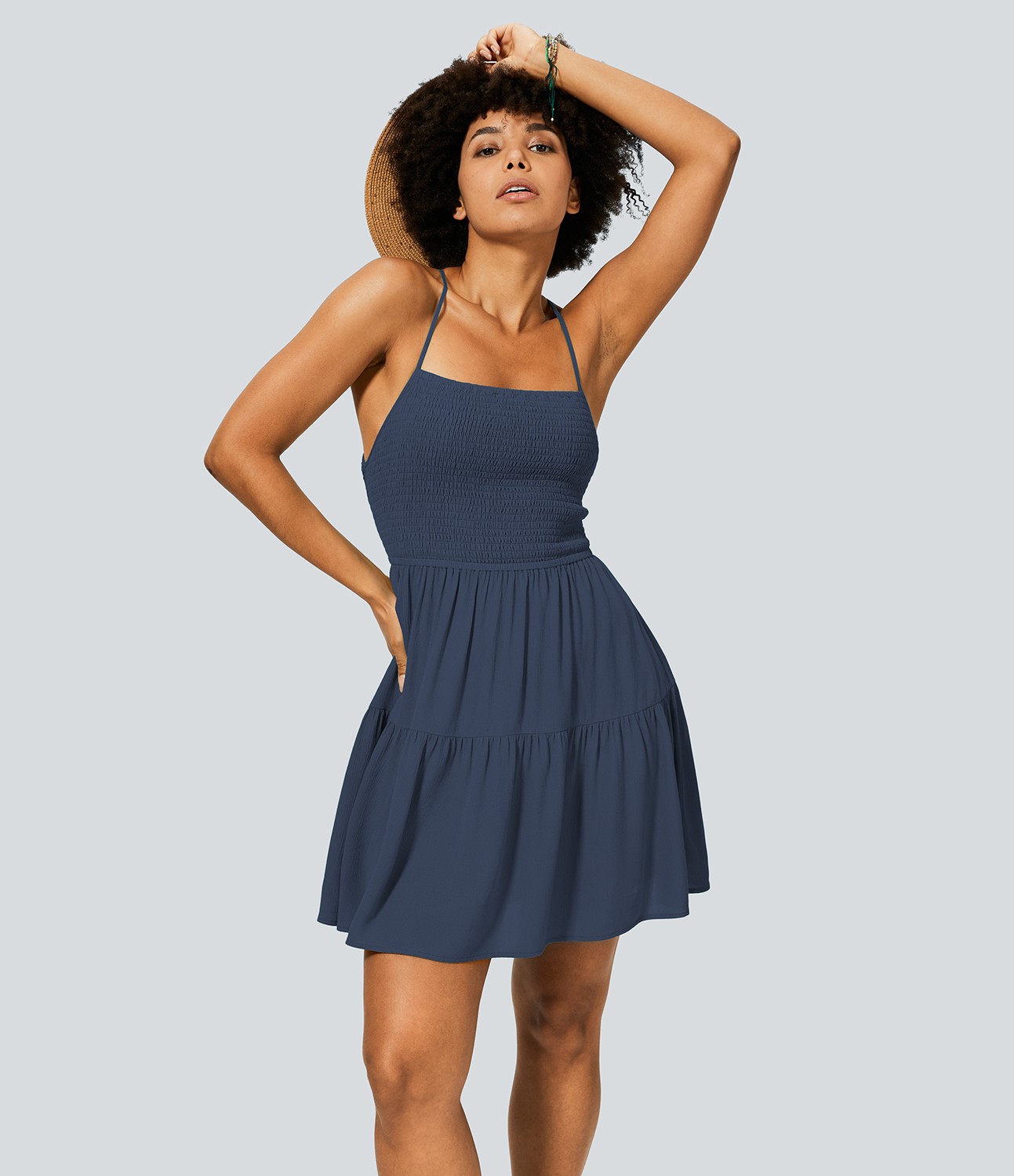 Halara Backless Crisscross Adjustable Strap Shirred Plicated Flowy Mini Linen-Feel Casual Dress Casual Dress - Dark Night Blue - M slip dress 