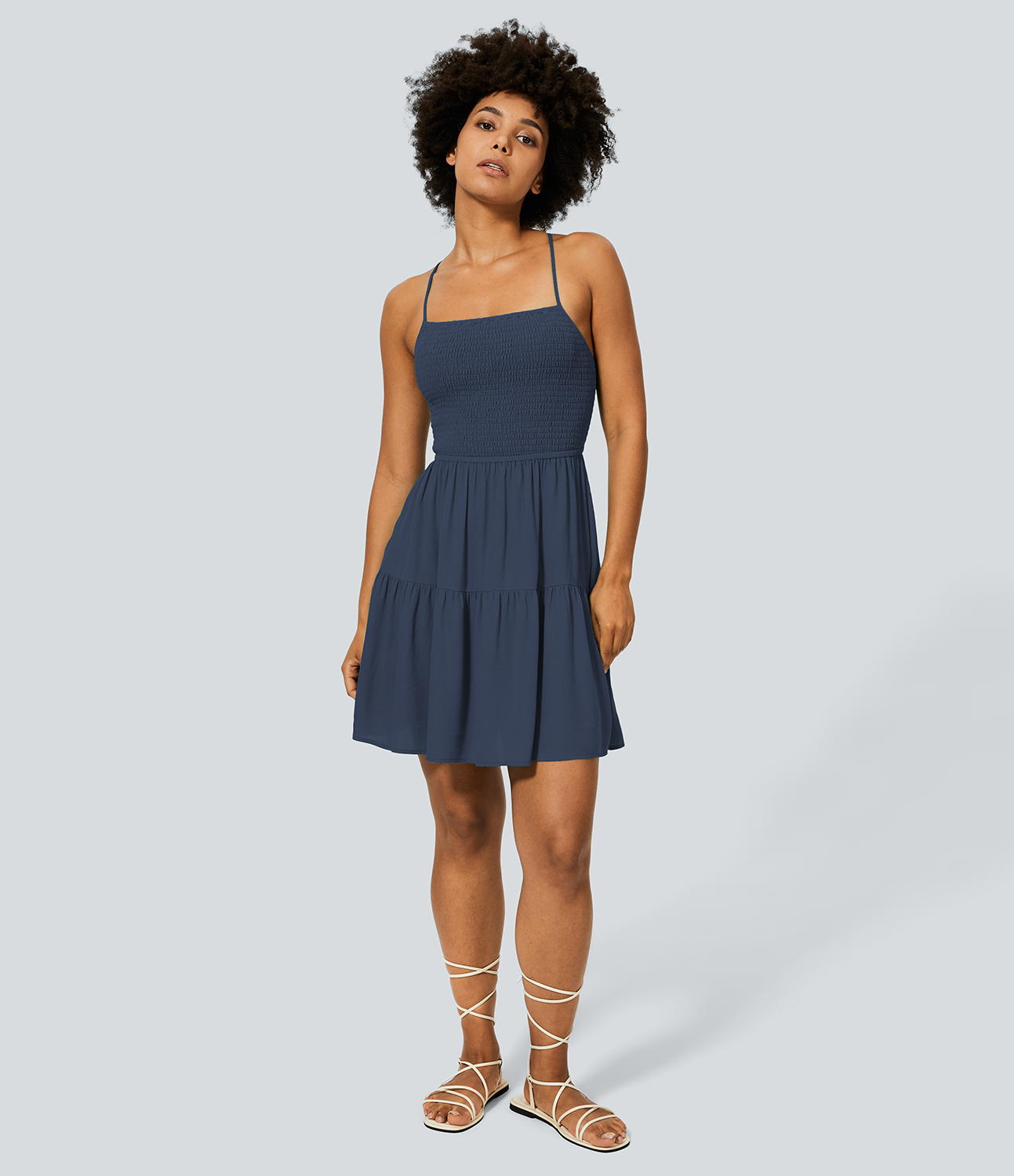 Halara Backless Crisscross Adjustable Strap Shirred Plicated Flowy Mini Linen-Feel Casual Dress Casual Dress - Dark Night Blue - M slip dress 