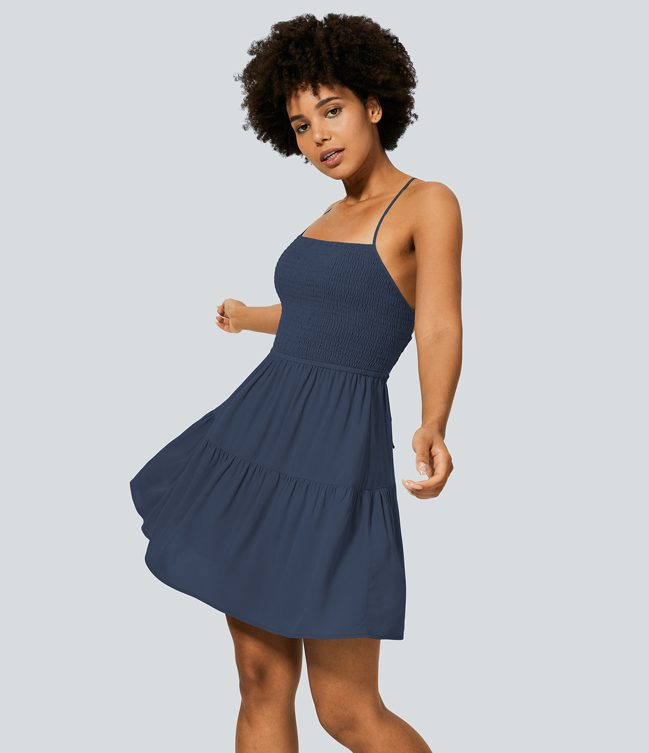 Halara Backless Crisscross Adjustable Strap Shirred Plicated Flowy Mini Linen-Feel Casual Dress Casual Dress - Dark Night Blue - M slip dress 