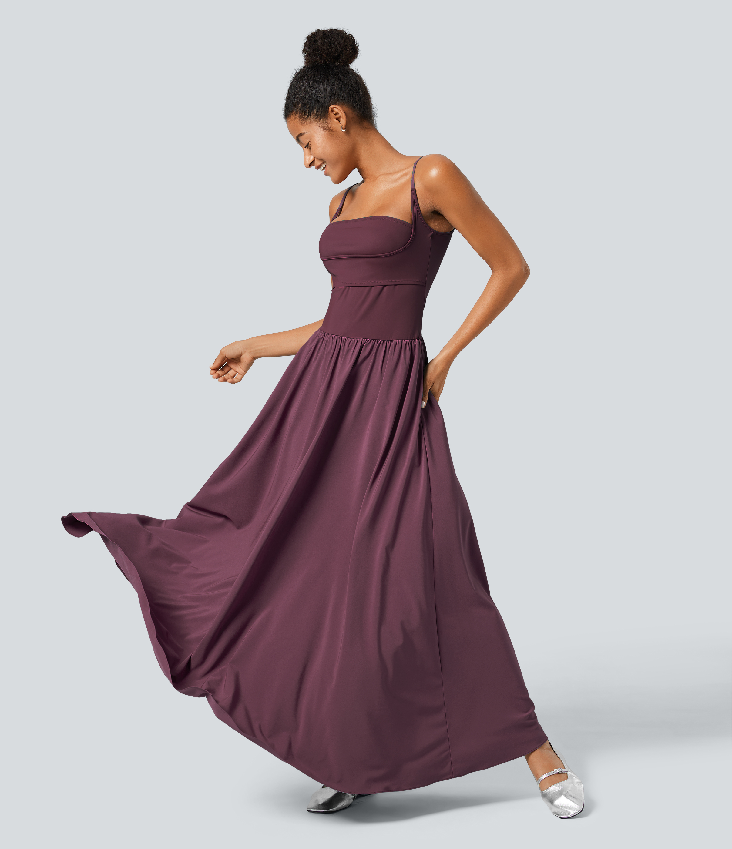 Halara Breezefulв„ў Backless Side Pocket Plicated Flowy Flare Maxi Quick Dry Casual Slip Dress Casual Dress - Amaranth - XS slip dress 