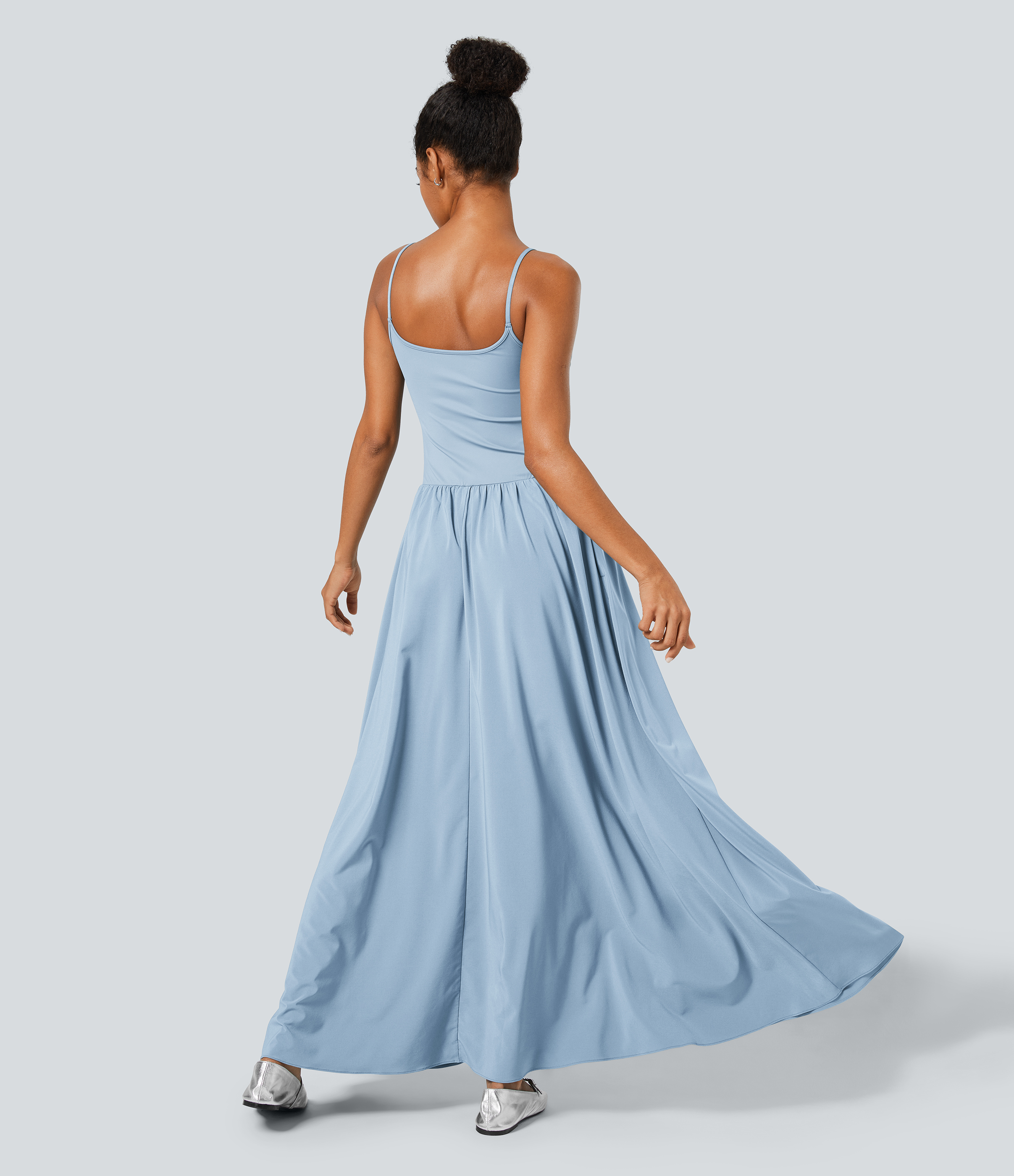 Halara Breezefulв„ў Backless Side Pocket Plicated Flowy Flare Maxi Quick Dry Casual Slip Dress Casual Dress - Ballad Blue - L slip dress 
