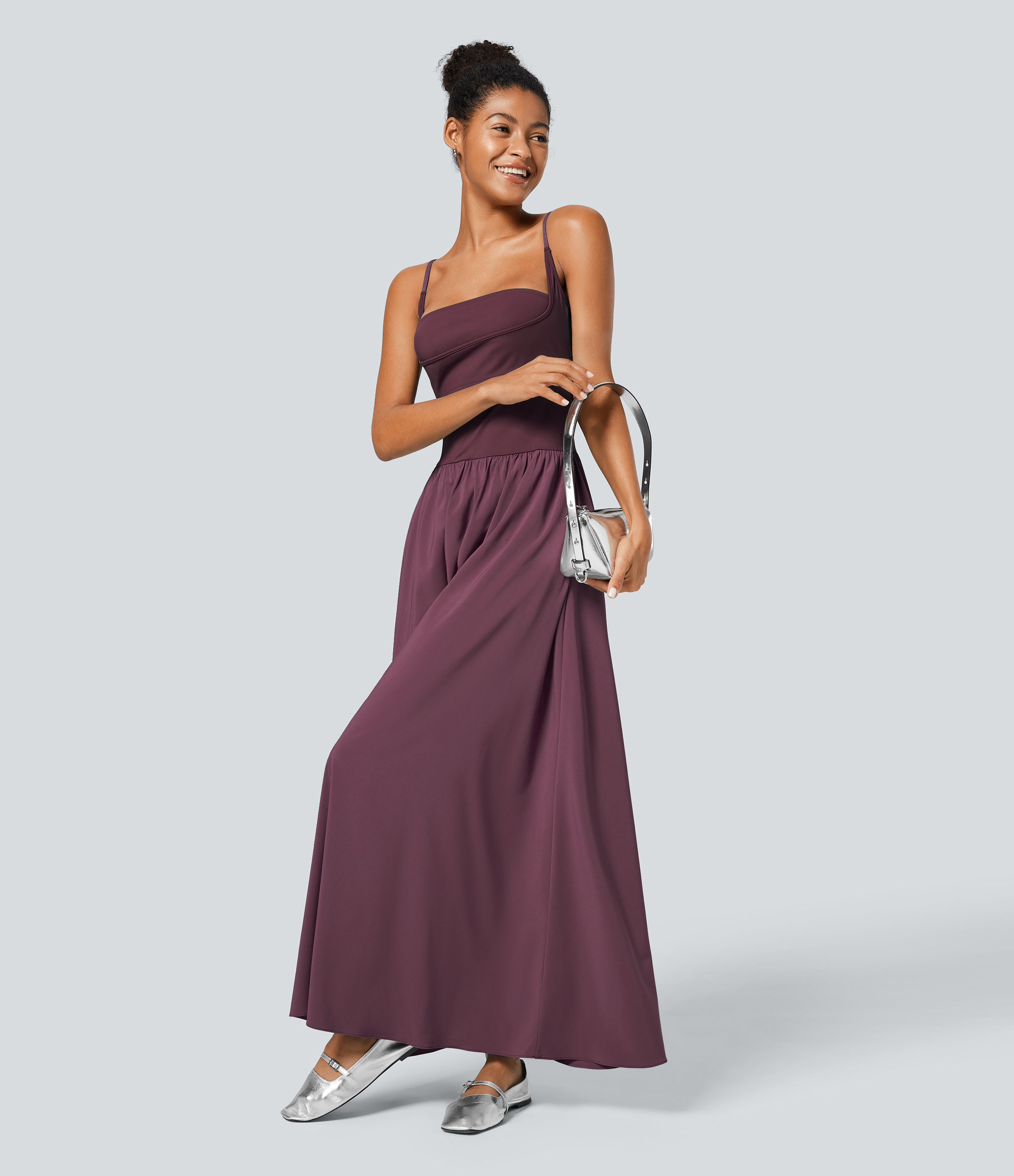 Halara Breezefulв„ў Backless Side Pocket Plicated Flowy Flare Maxi Quick Dry Casual Slip Dress Casual Dress - Amaranth - XS slip dress 