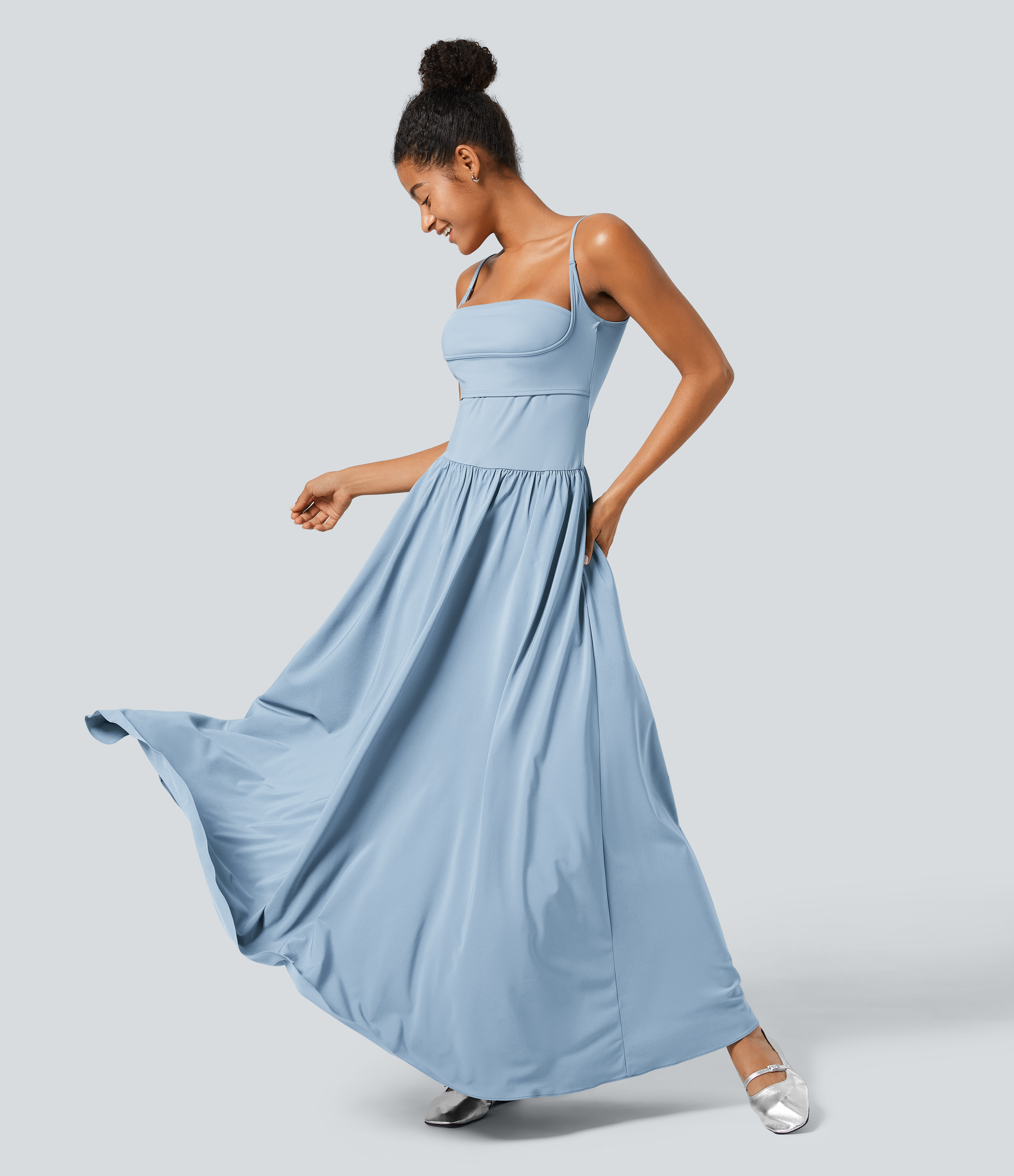 Halara Breezefulв„ў Backless Side Pocket Plicated Flowy Flare Maxi Quick Dry Casual Slip Dress Casual Dress - Ballad Blue - L slip dress 
