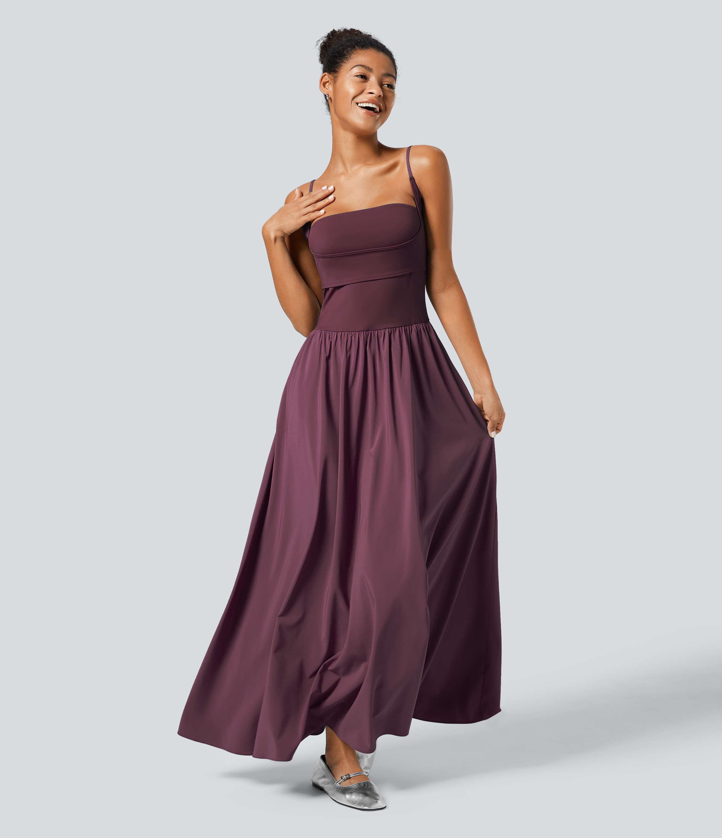 Halara Breezefulв„ў Backless Side Pocket Plicated Flowy Flare Maxi Quick Dry Casual Slip Dress Casual Dress - Amaranth - XS slip dress 