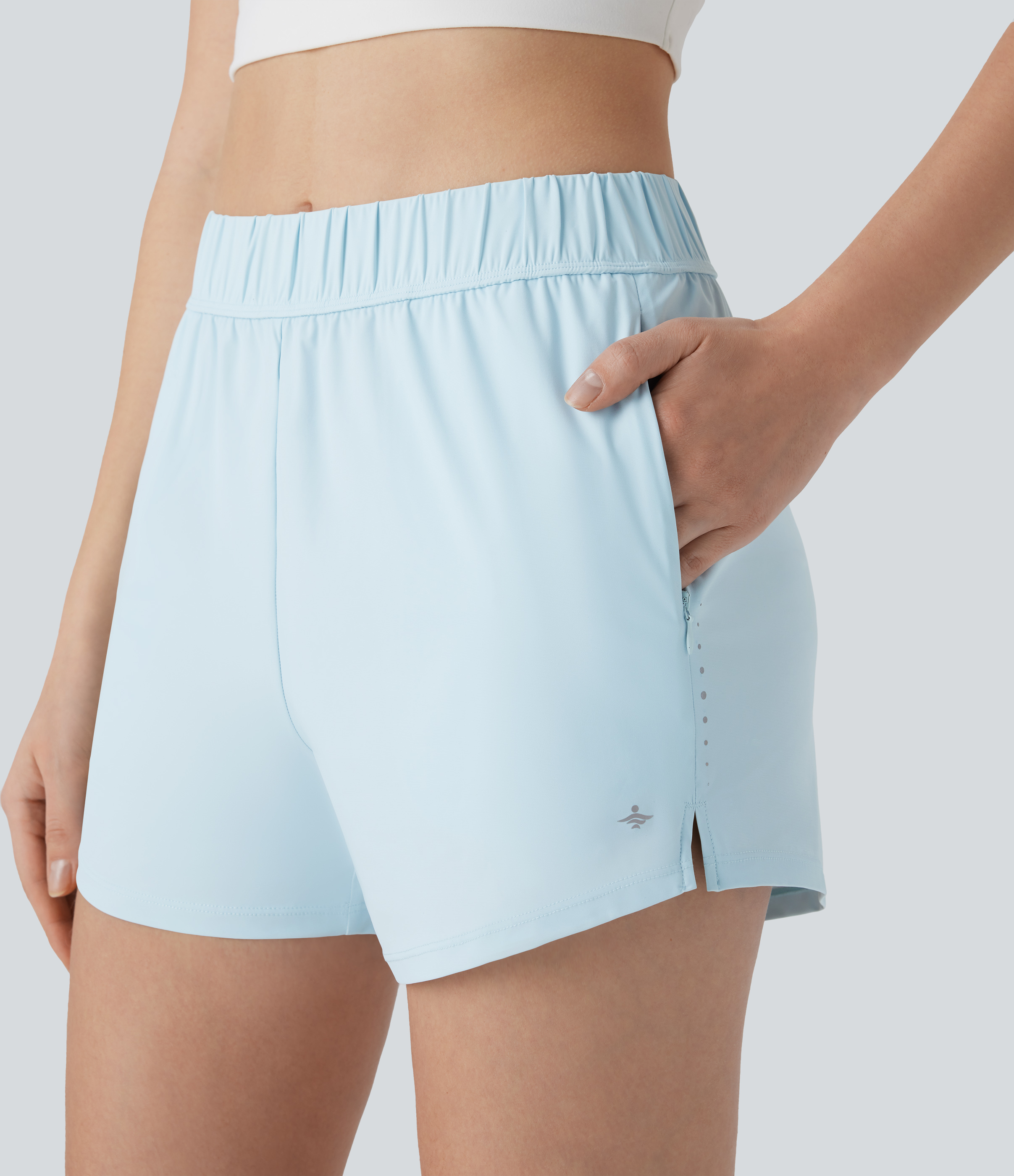 Halara Mid Rise Side Zipper Pockets Reflective Dots Split Hem Running Shorts Gym Short - Saltwater Slide - XL booty shorts compression shorts 