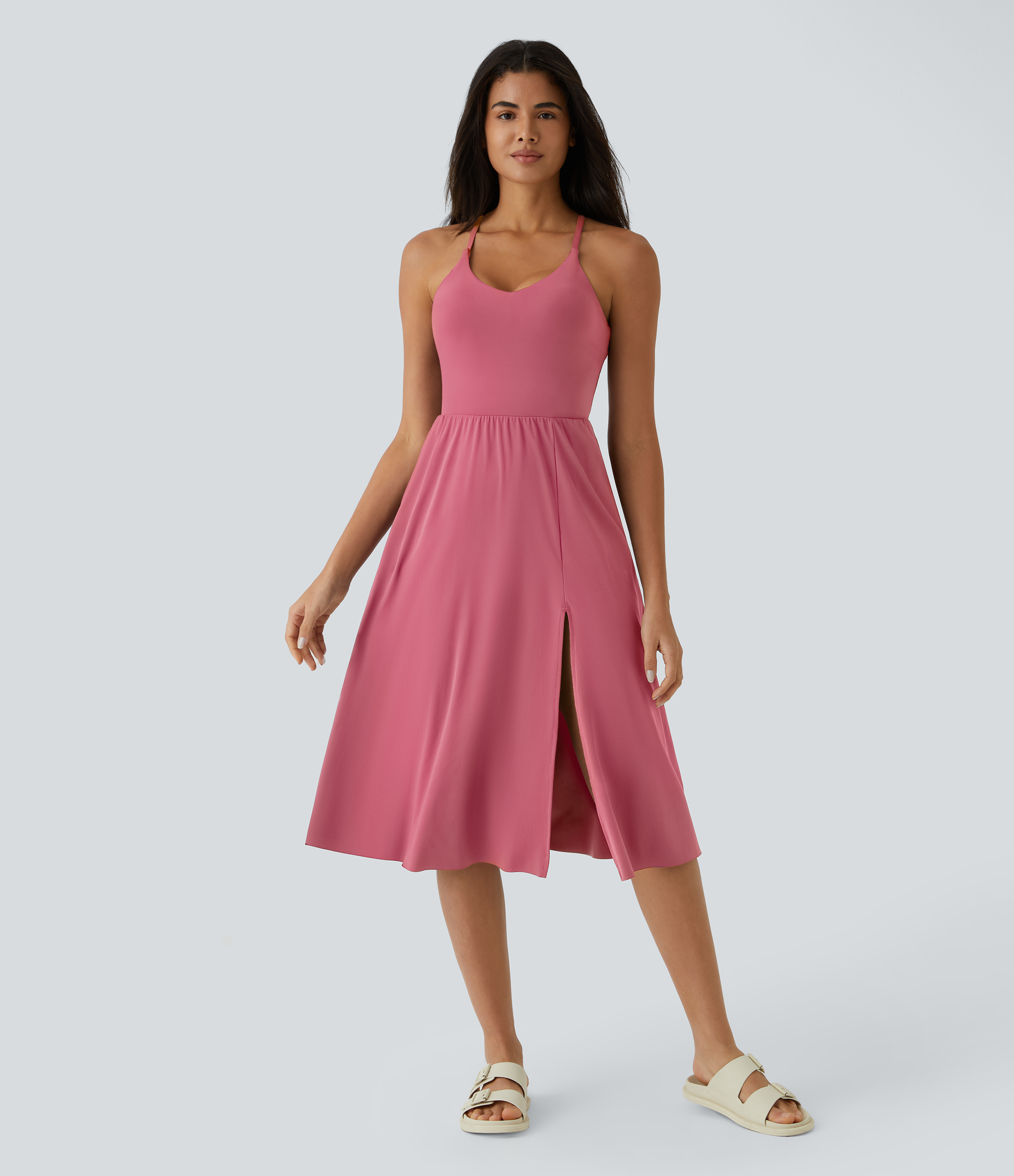 Halara Everyday Midi Chill Dress-La Land Casual Dress - Begonia Rouge - S slip dress beach dress ruched dress halter dress exercise dress 
