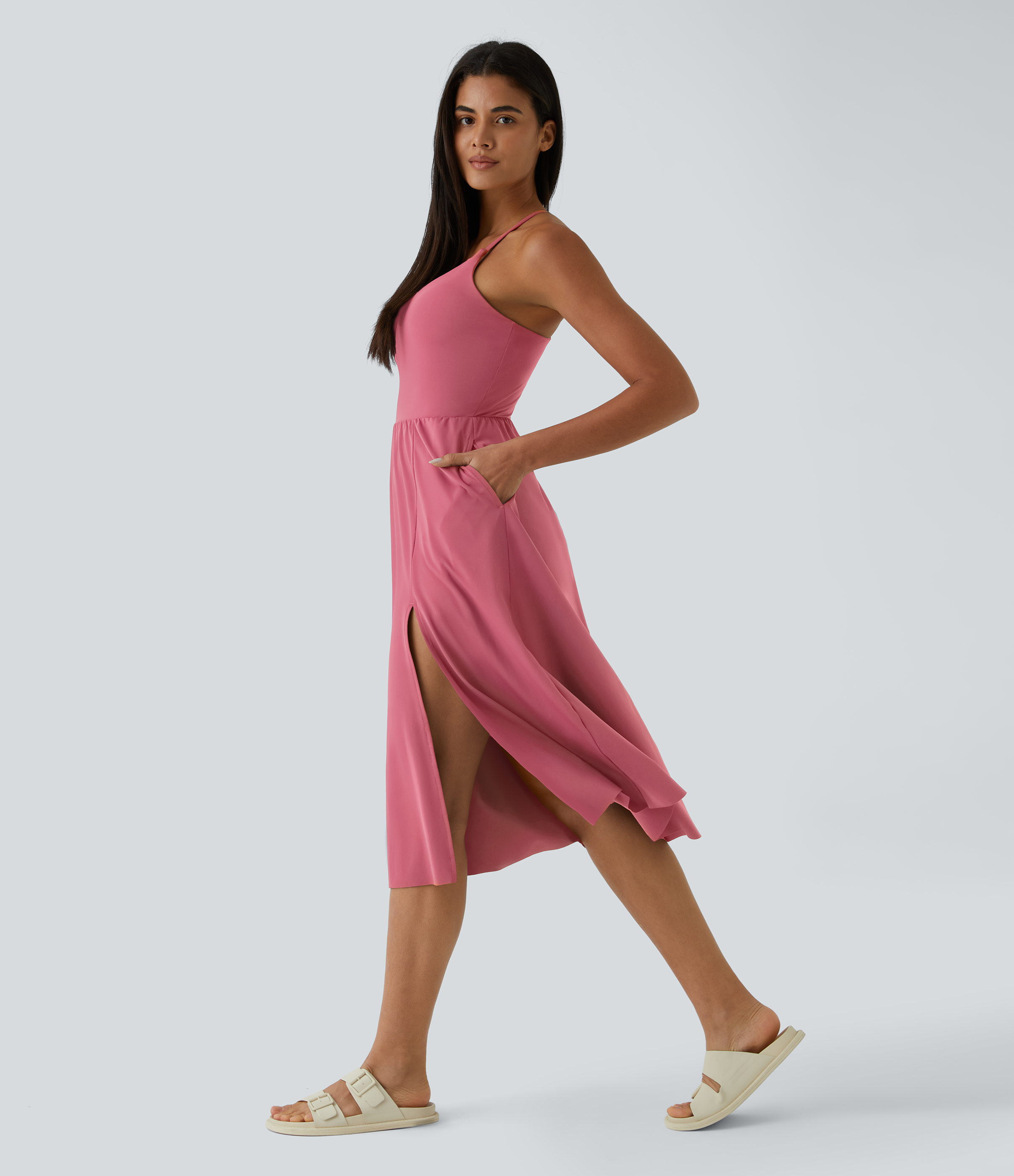 Halara Everyday Midi Chill Dress-La Land Casual Dress - Begonia Rouge - S slip dress beach dress ruched dress halter dress exercise dress 