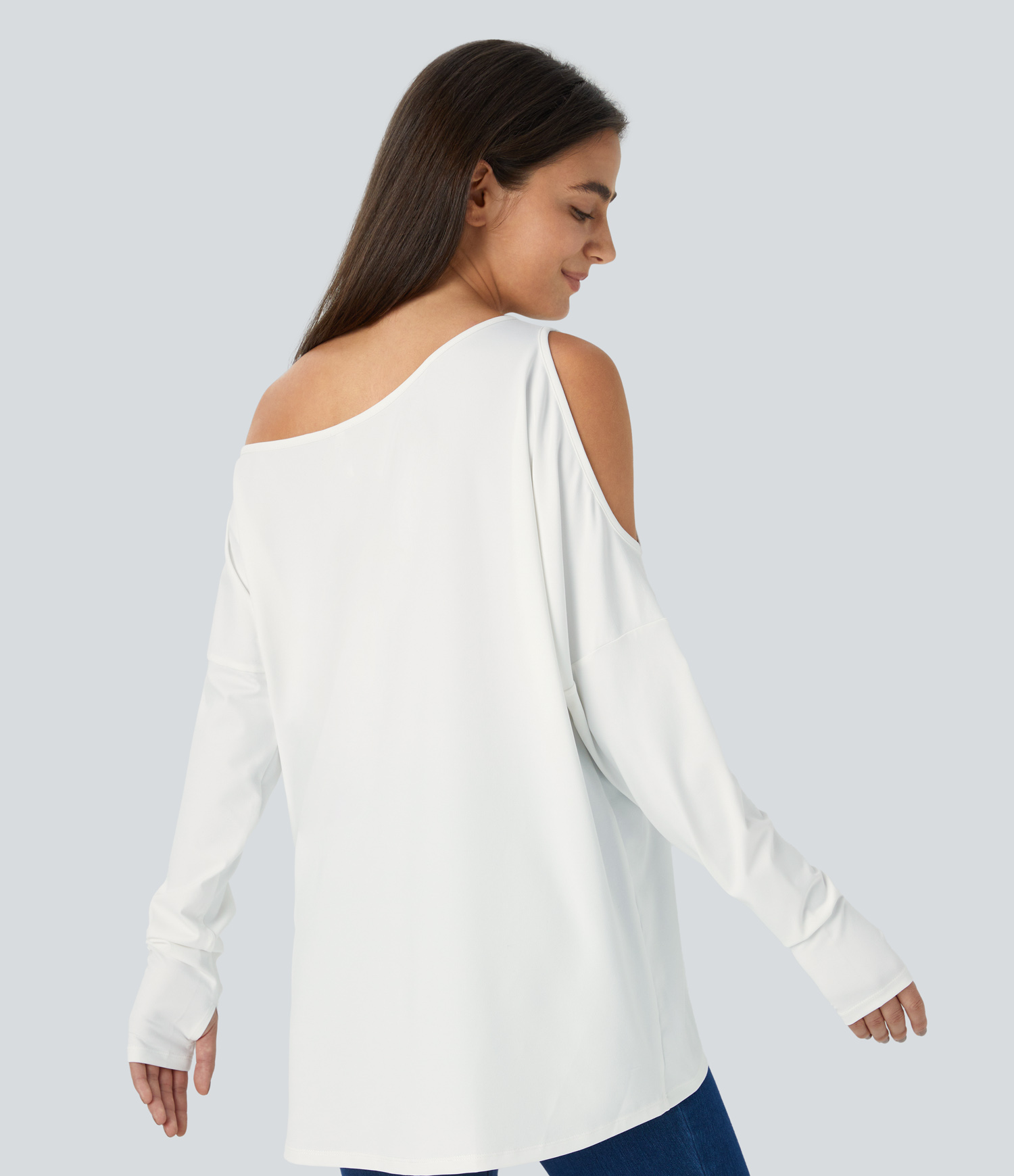 Halara Cut Out Oblique Shoulder Thumb Hole High Low Oversize Casual Top Tank Top - White - S golf tops halter top tunic tops sleeveless tops 