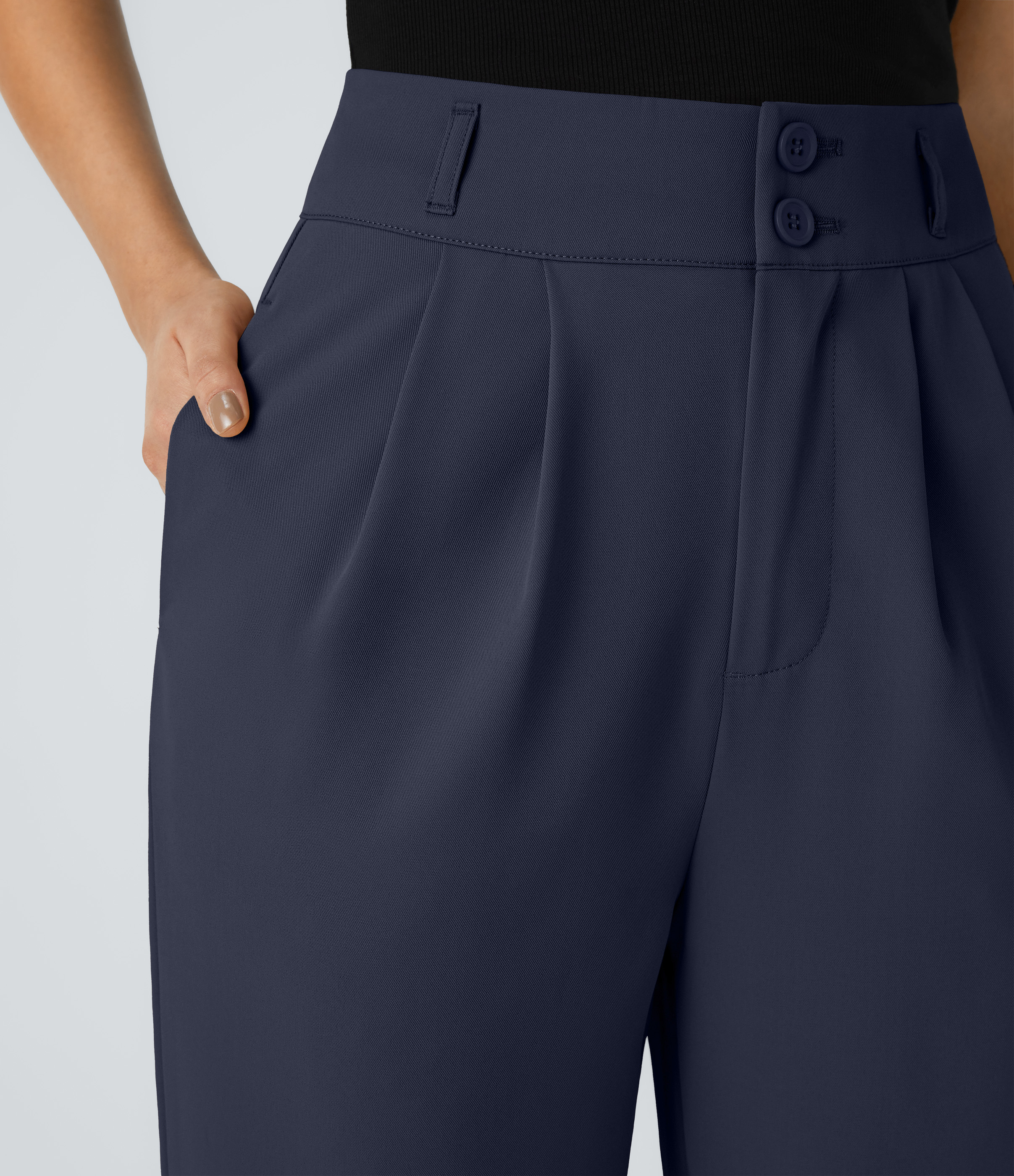 Halara High Waisted Button Zipper Side Pocket Shirred Straight Leg Work Pants  - Black Iris - XS(regular) sweatpants jogger pants 