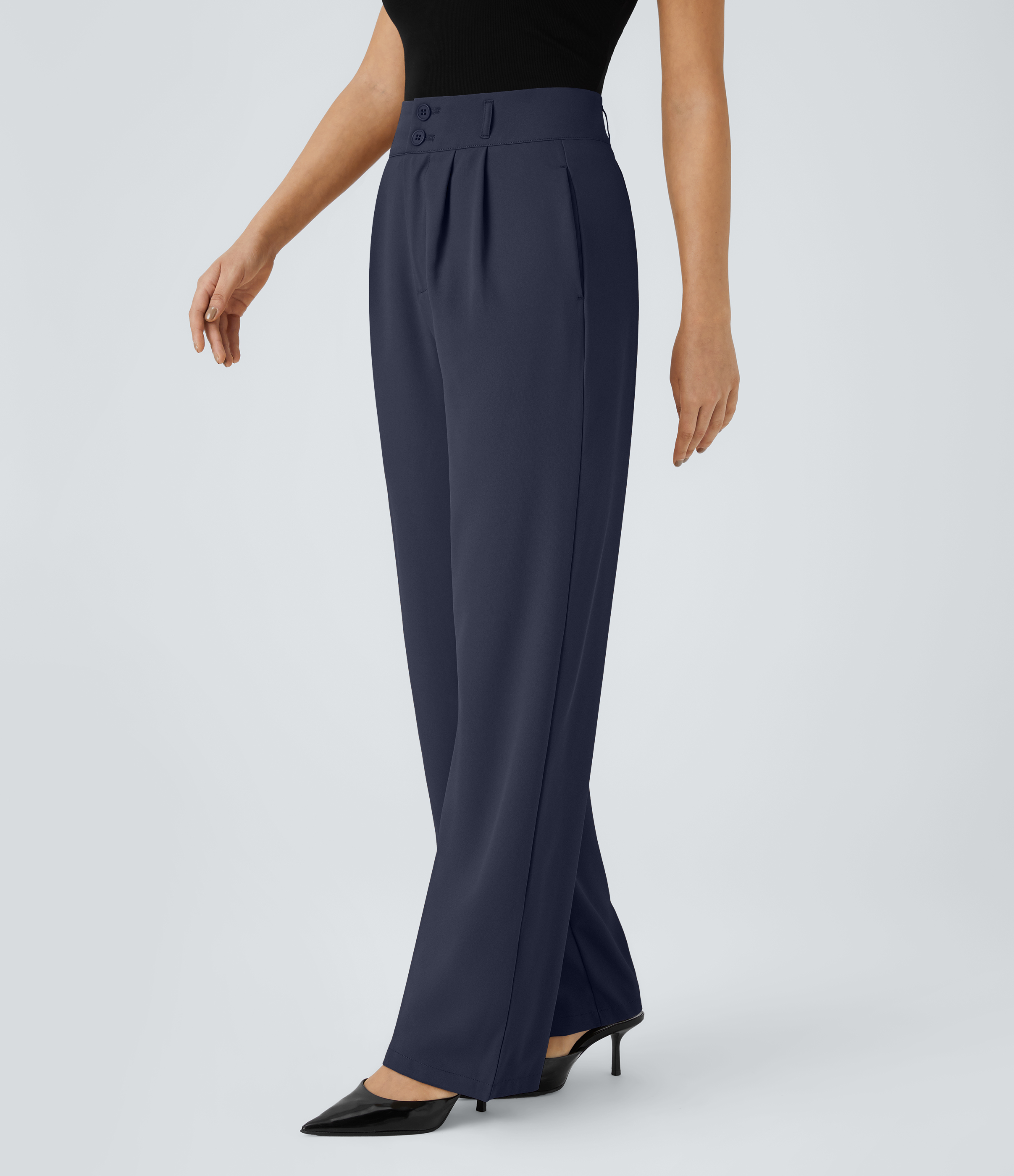 Halara High Waisted Button Zipper Side Pocket Shirred Straight Leg Work Pants  - Black Iris - XS(regular) sweatpants jogger pants 