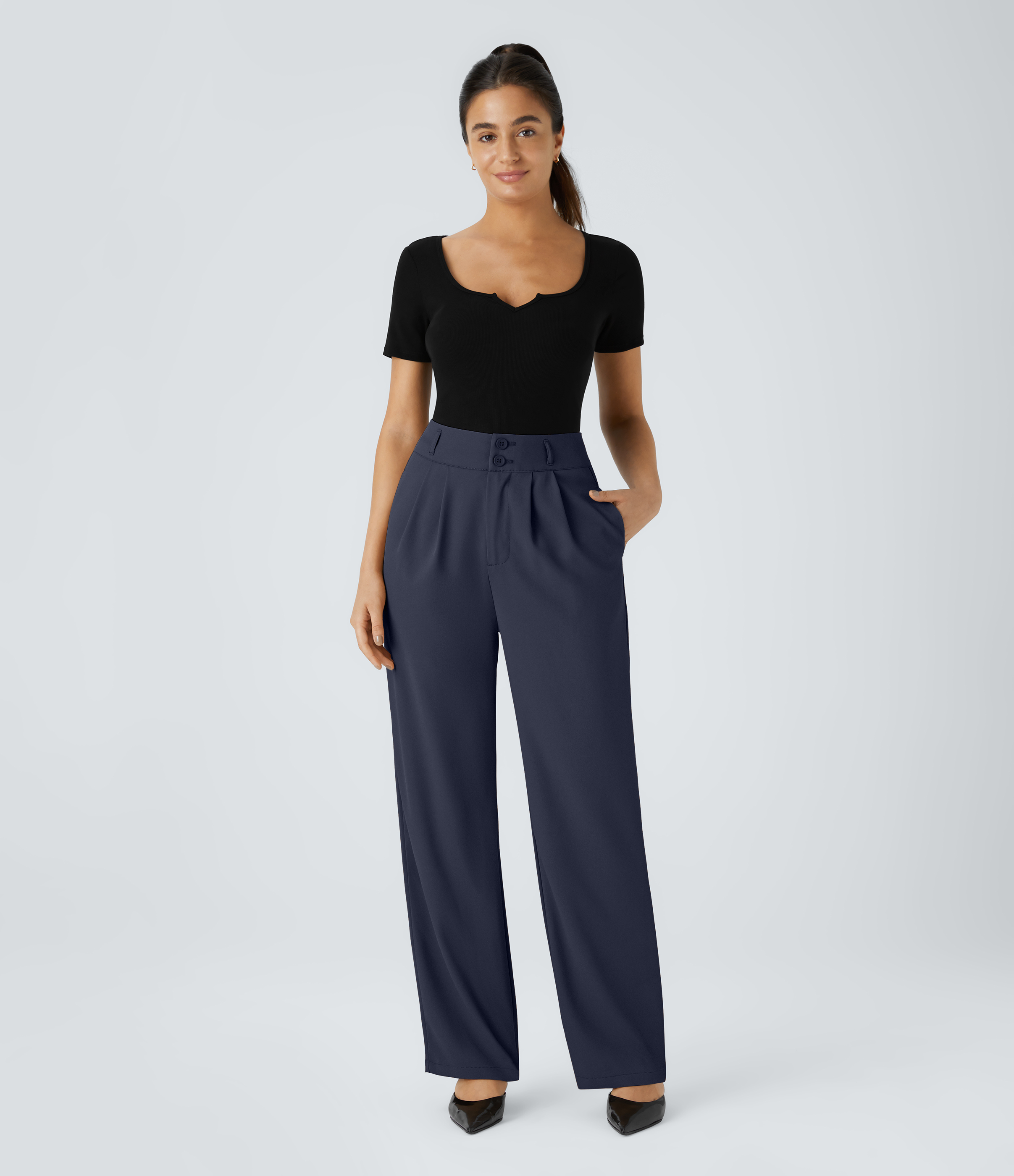 Halara High Waisted Button Zipper Side Pocket Shirred Straight Leg Work Pants  - Black Iris - XS(regular) sweatpants jogger pants 