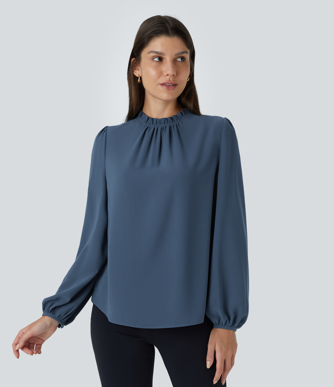 Halara Frill Round Neck Keyhole Back Long Sleeve Work Blouse  - Starry Blue - XL 
