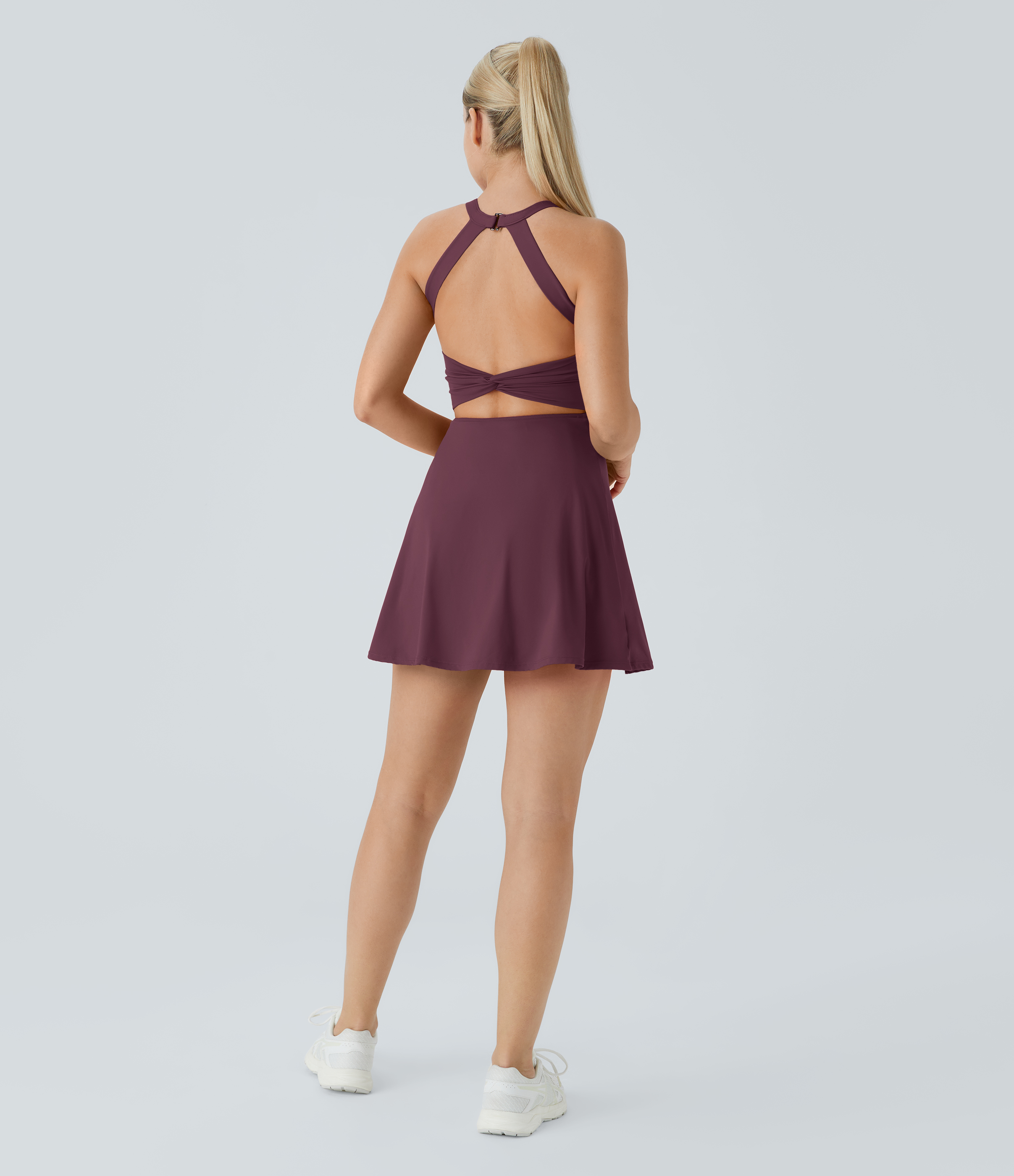Halara Backless Cut Out Twisted Side Pocket 2-in-1 Barre Ballet Dance Dress Workout Dress - Fig - XL 