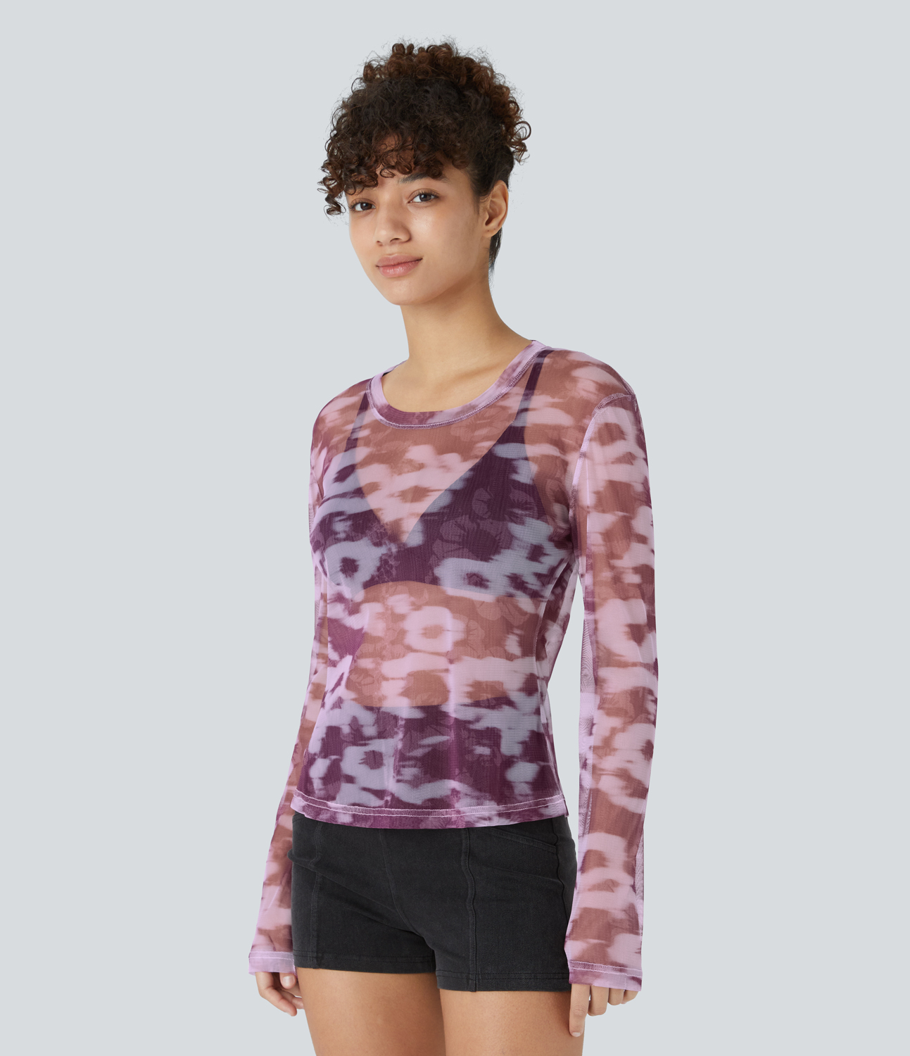 Halara Round Neck Long Sleeve Floral Print Slim Sheer Mesh Casual Top Tank Top - Dark Floral Purple - XS golf tops halter top tunic tops 