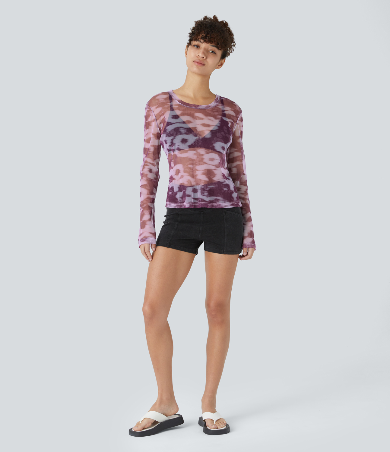 Halara Round Neck Long Sleeve Floral Print Slim Sheer Mesh Casual Top Tank Top - Dark Floral Purple - XS golf tops halter top tunic tops 