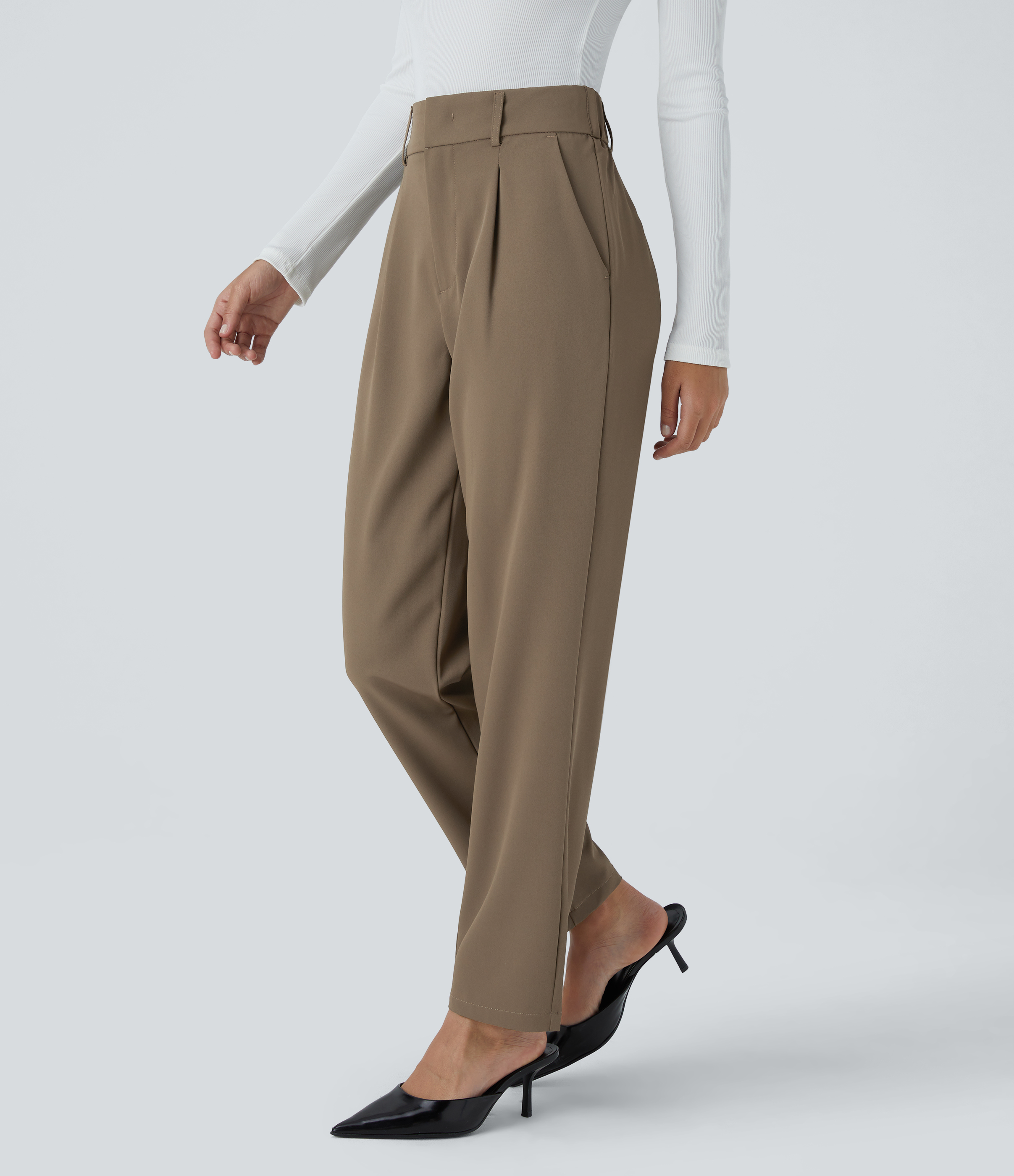 Halara High Waisted Side Pocket Solid Work Tapered Pants  - Kangaroo - XL(regular) sweatpants jogger pants stacked sweatpants cargo joggers 