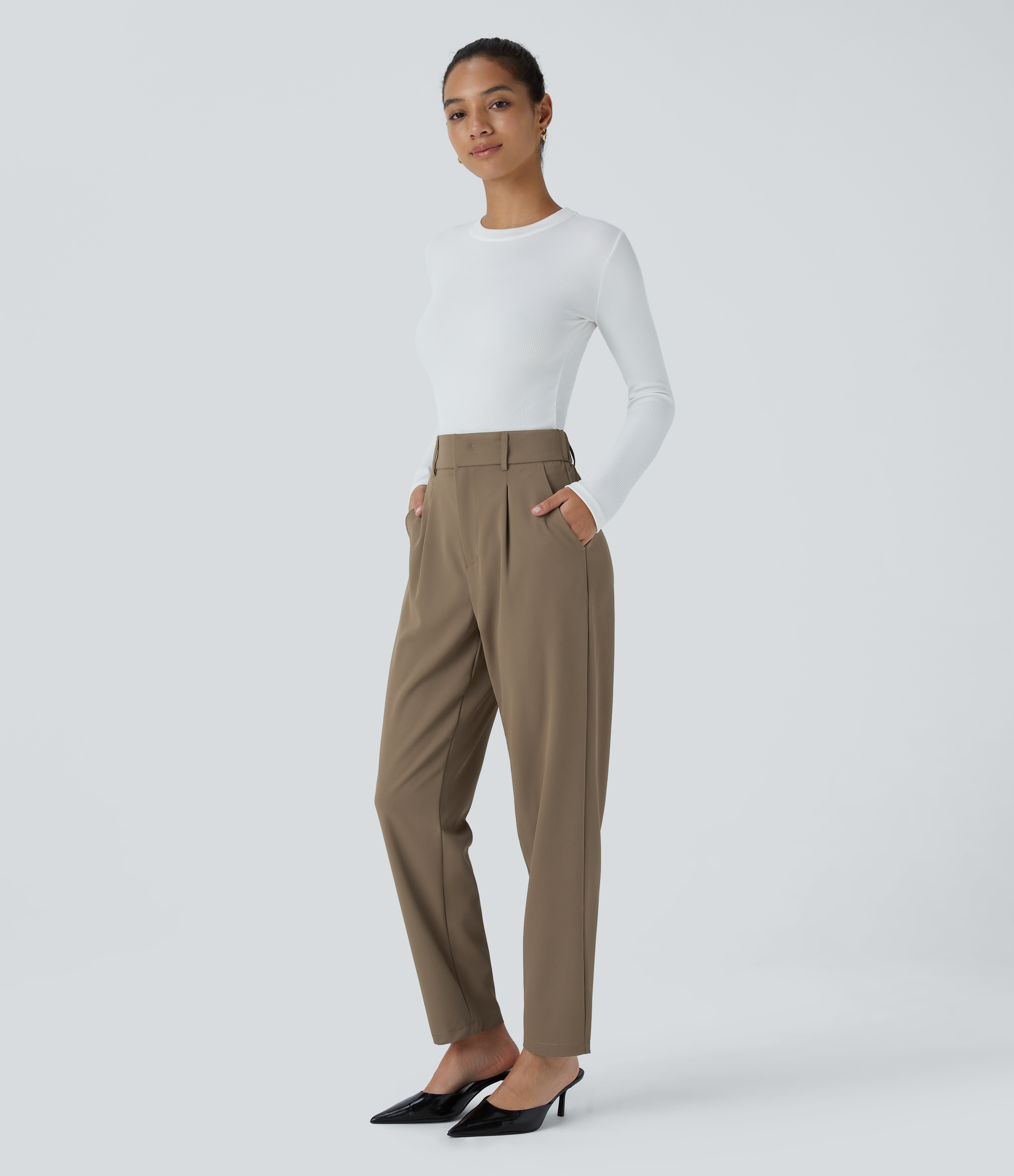 Halara High Waisted Side Pocket Solid Work Tapered Pants  - Kangaroo - XL(regular) sweatpants jogger pants stacked sweatpants cargo joggers 