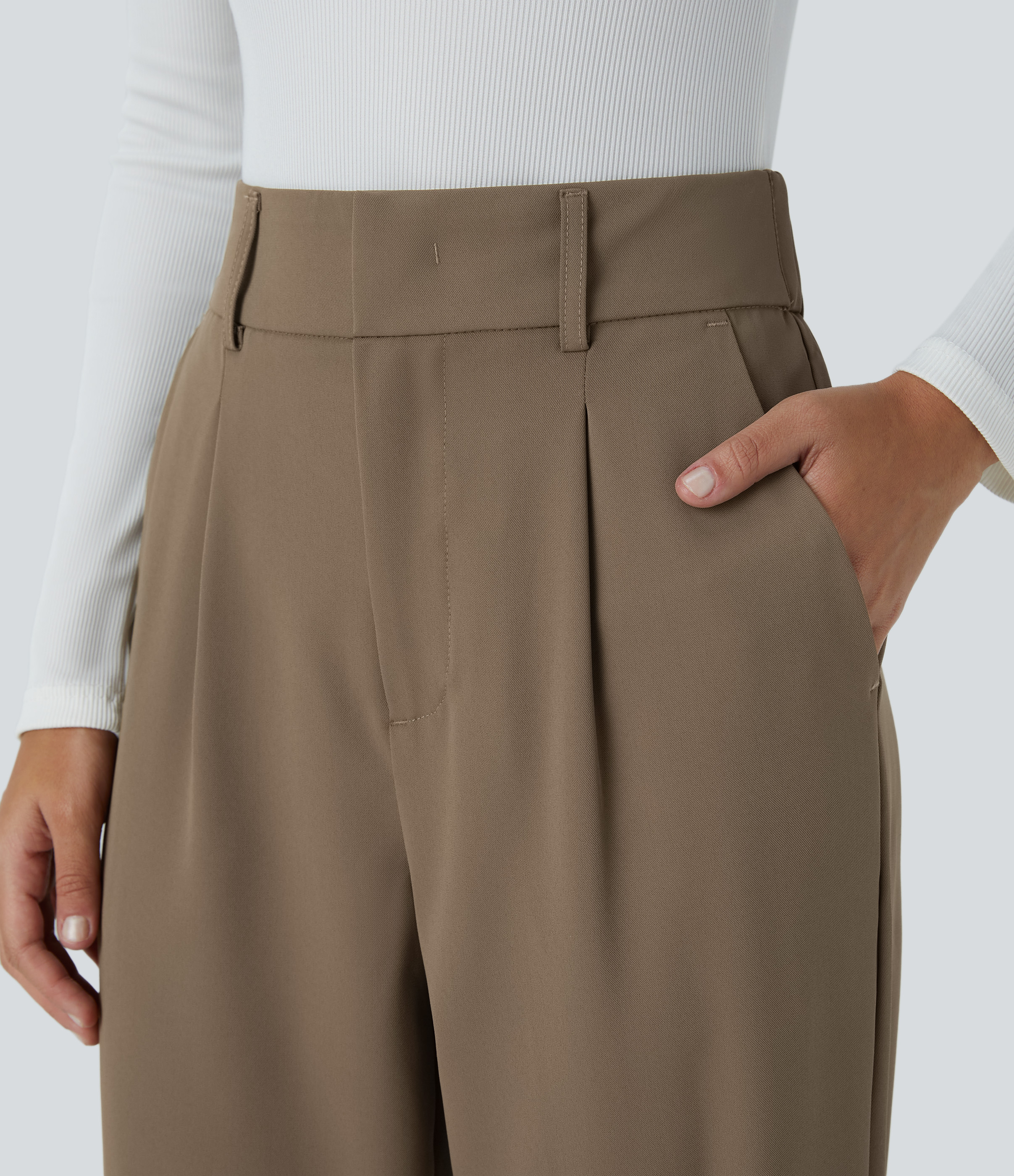 Halara High Waisted Side Pocket Solid Work Tapered Pants  - Kangaroo - XL(regular) sweatpants jogger pants stacked sweatpants cargo joggers 