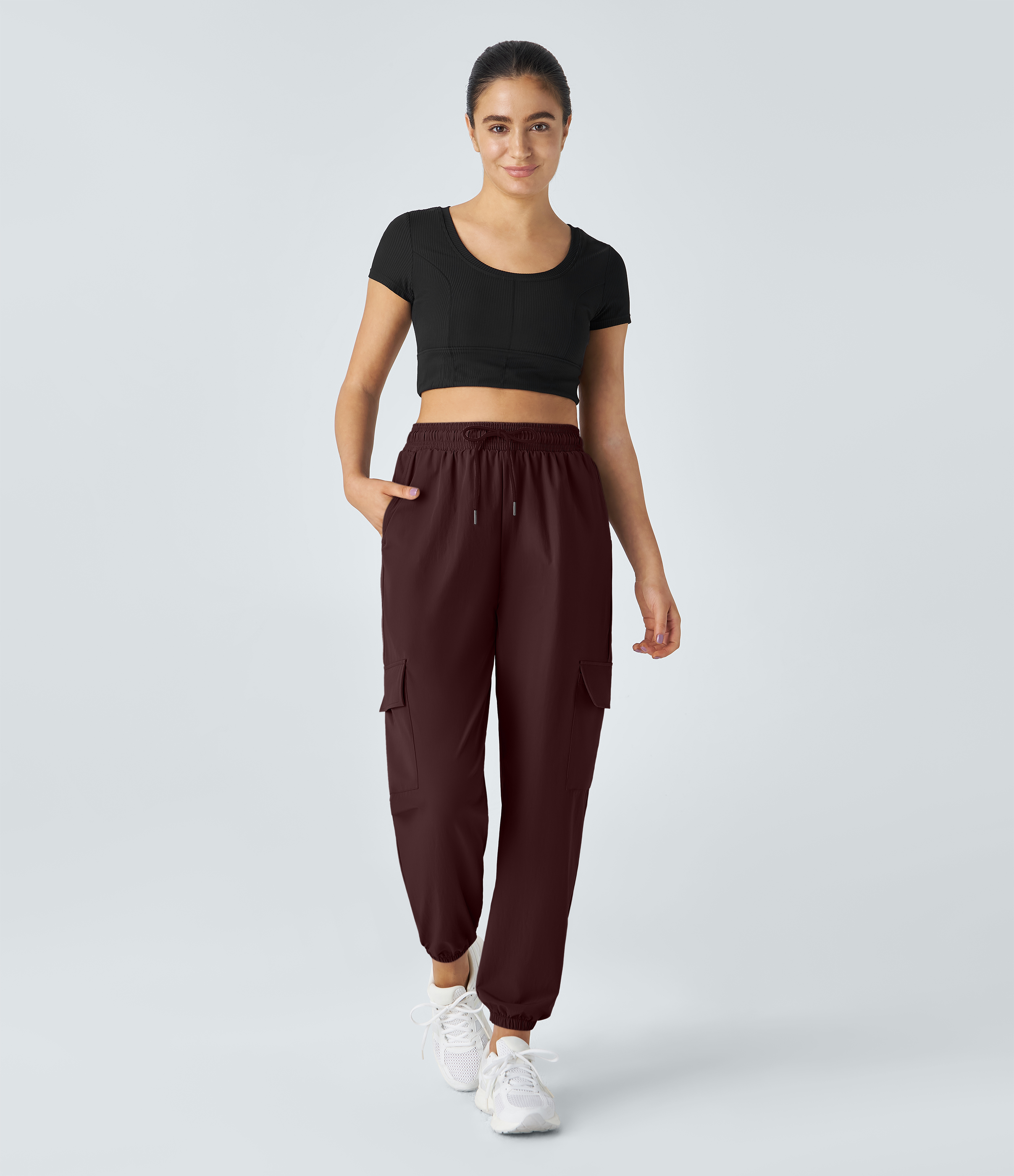 Halara Mid Rise Drawstring Side Pocket Casual Cargo Joggers  - Decadent Chocolate - M 