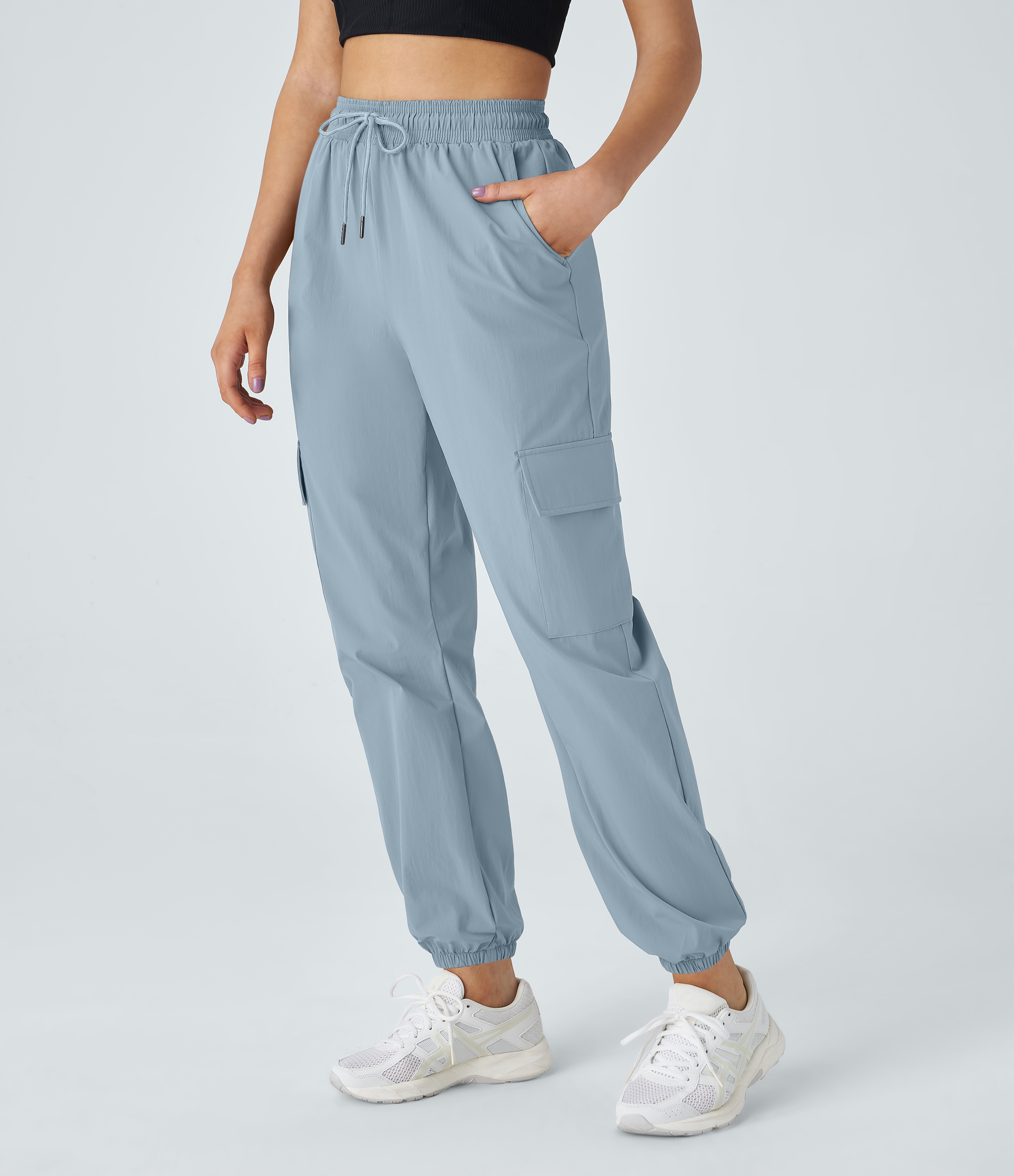 Halara Mid Rise Drawstring Side Pocket Casual Cargo Joggers  - Moon ice blue - M 