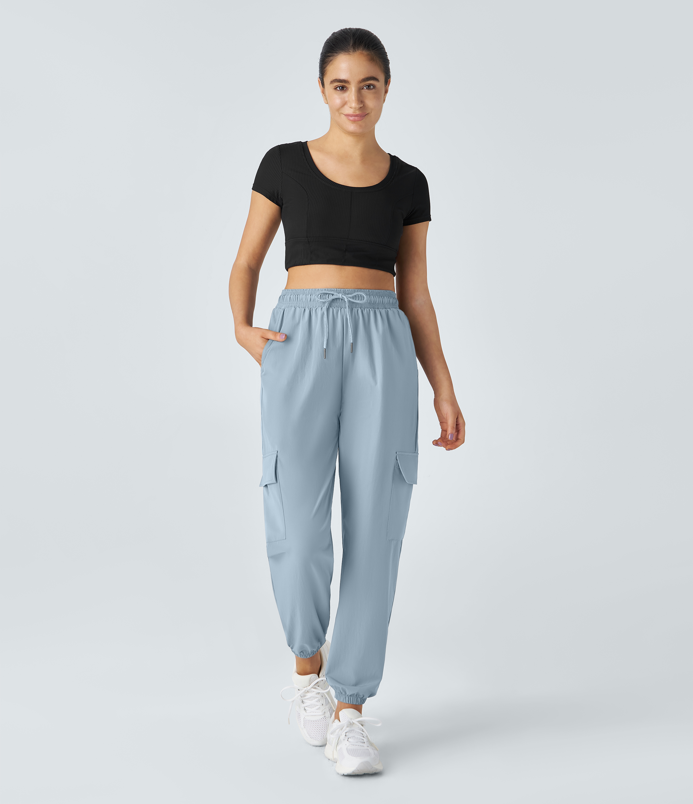 Halara Mid Rise Drawstring Side Pocket Casual Cargo Joggers  - Moon ice blue - M 