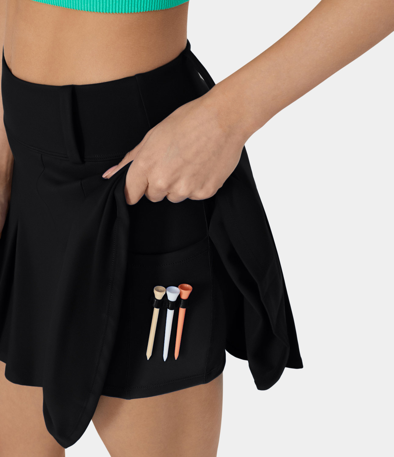 Halara High Waisted 2-in-1 Pocket A Line Pleated Golf Skirt-Golf Tee Pocket  - Black - XL midi skirt a line skirt golfing skirt 