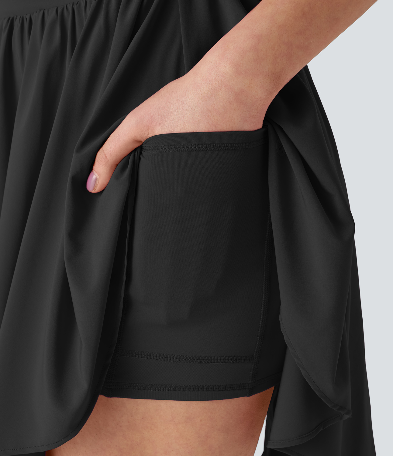 Halara Breezefulв„ў Backless Plicated Curved Hem 2-in-1 Side Pocket Quick Dry Mini Active Dress-Easy Peezy Edition Workout Dress - Black - S 