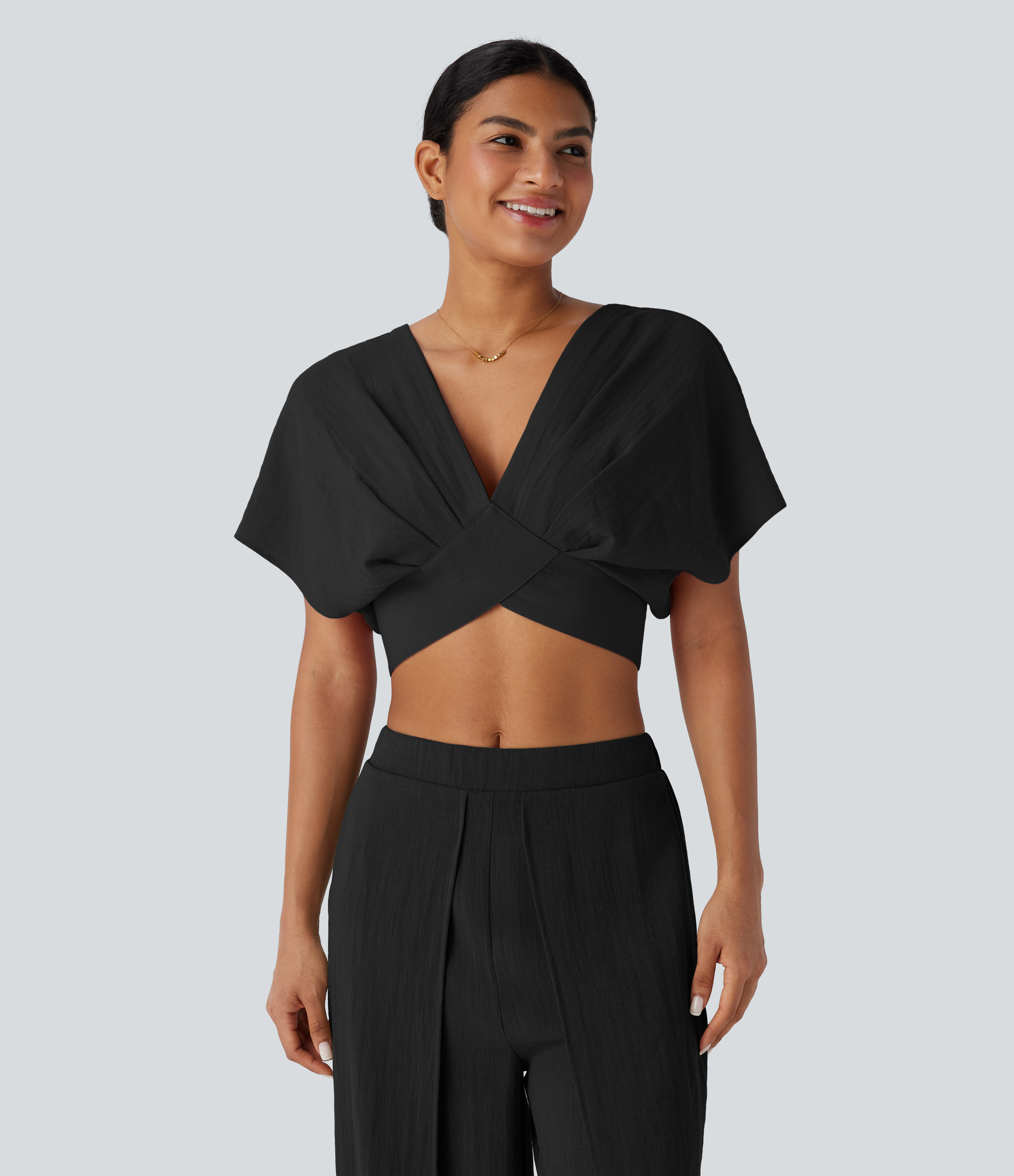 Halara V Neck Short Sleeve Backless Tie Back Crossover Hem Cropped Resort Linen-Feel Top Tank Top - Black - XL golf tops halter top 