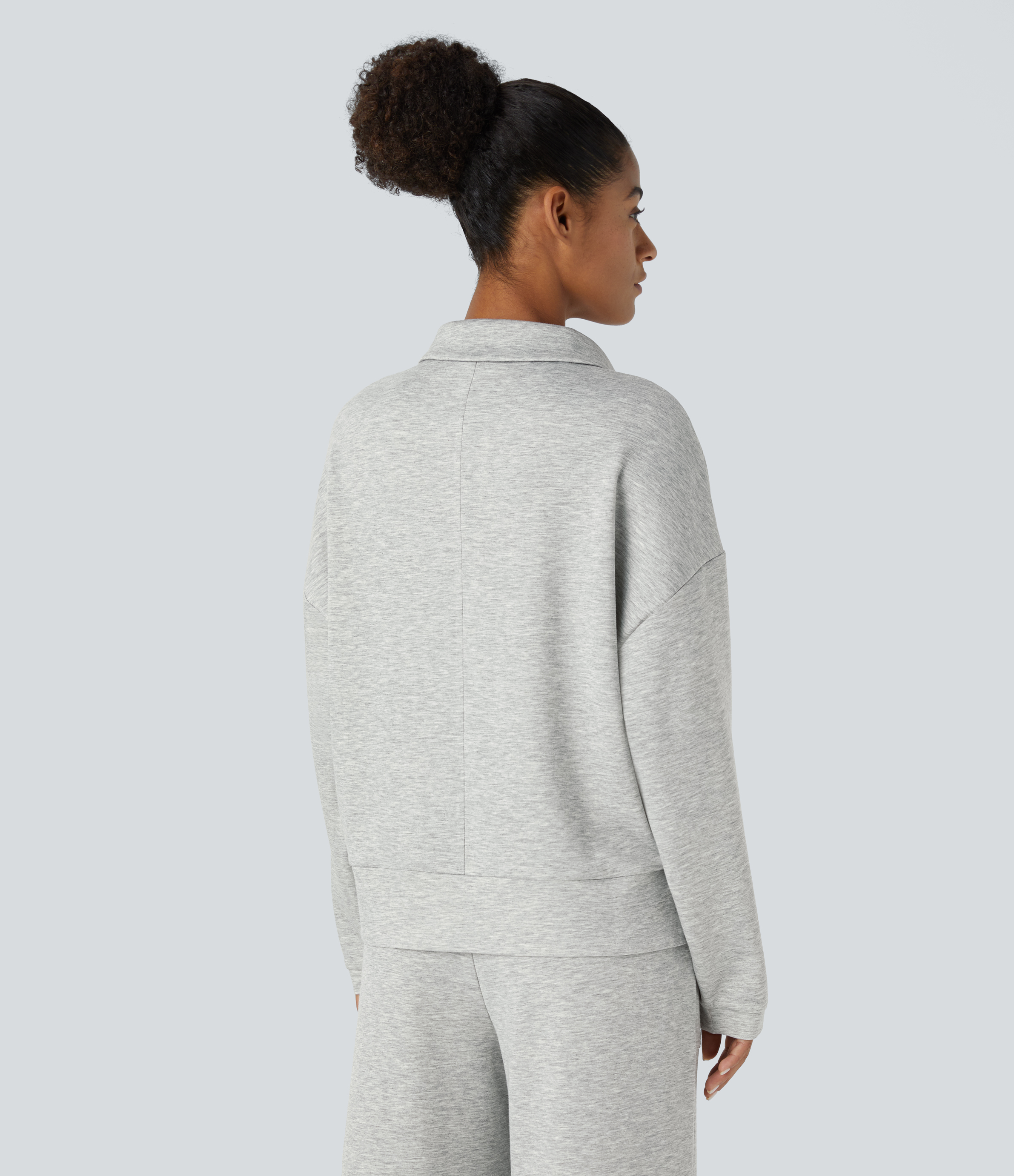 Halara Polo V Neck Button Dropped Shoulder Long Sleeve Split Relaxed Casual Sweatshirt  - Fog Gray - L 