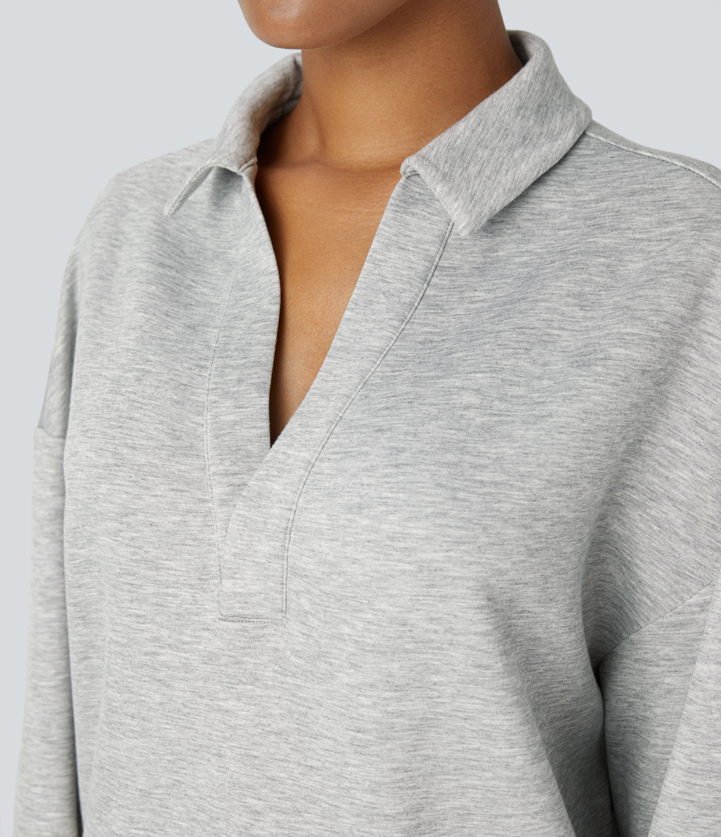 Halara Polo V Neck Button Dropped Shoulder Long Sleeve Split Relaxed Casual Sweatshirt  - Fog Gray - L 