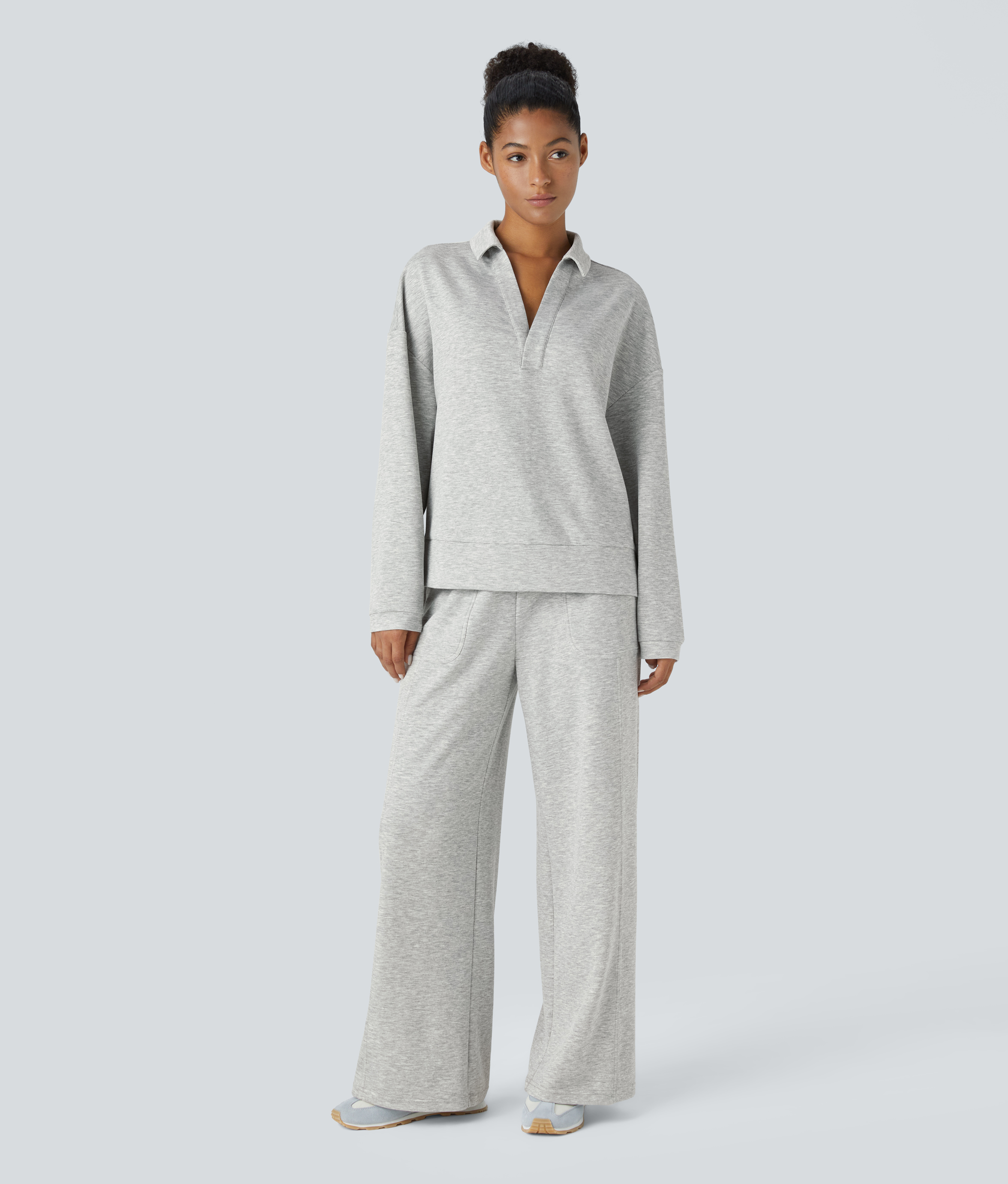 Halara Polo V Neck Button Dropped Shoulder Long Sleeve Split Relaxed Casual Sweatshirt  - Fog Gray - L 