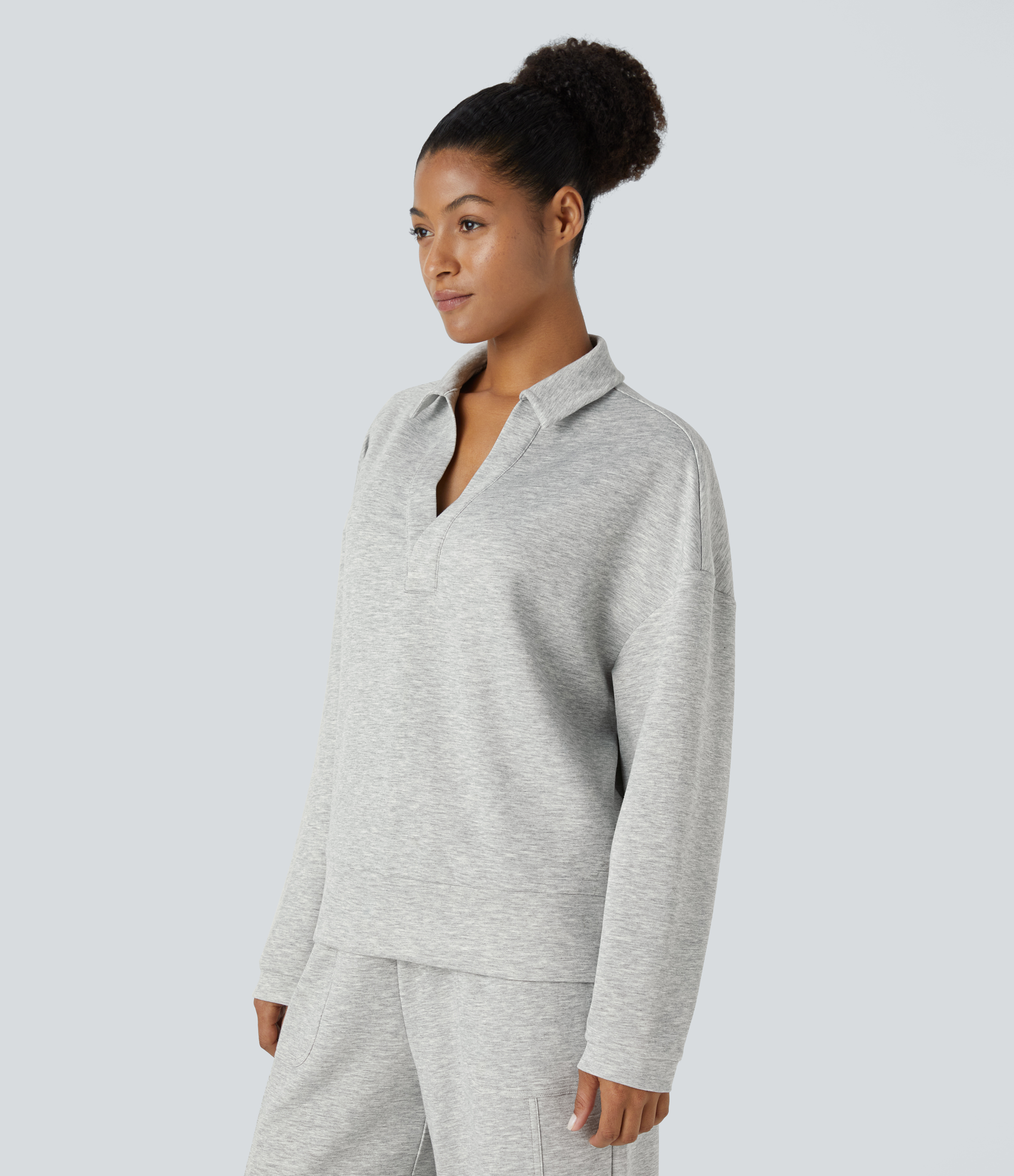 Halara Polo V Neck Button Dropped Shoulder Long Sleeve Split Relaxed Casual Sweatshirt  - Fog Gray - L 