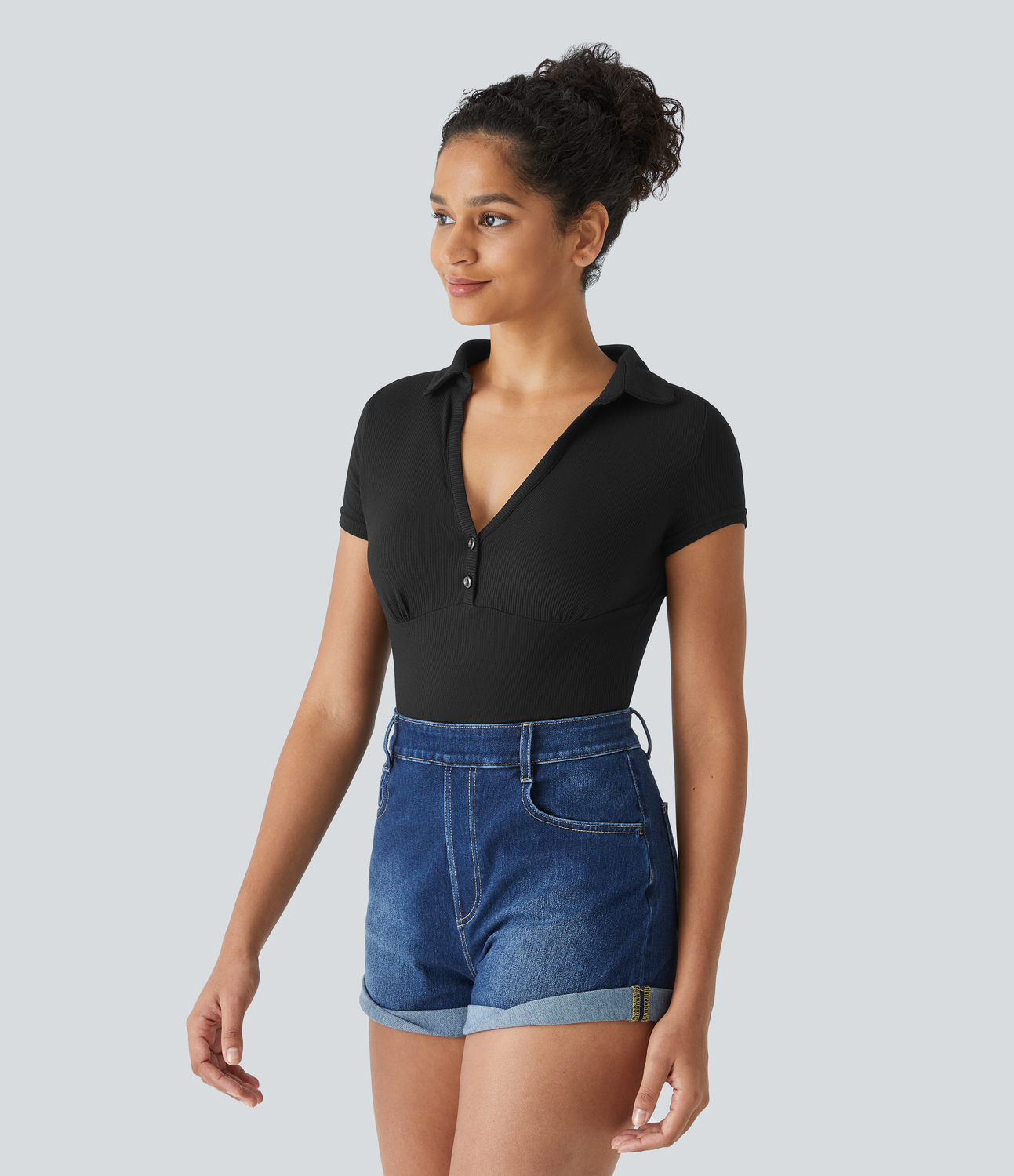 Halara Ribbed Knit V Neck Button Slim Casual Top Tank Top - Black - M golf tops halter top tunic tops sleeveless tops backless top 