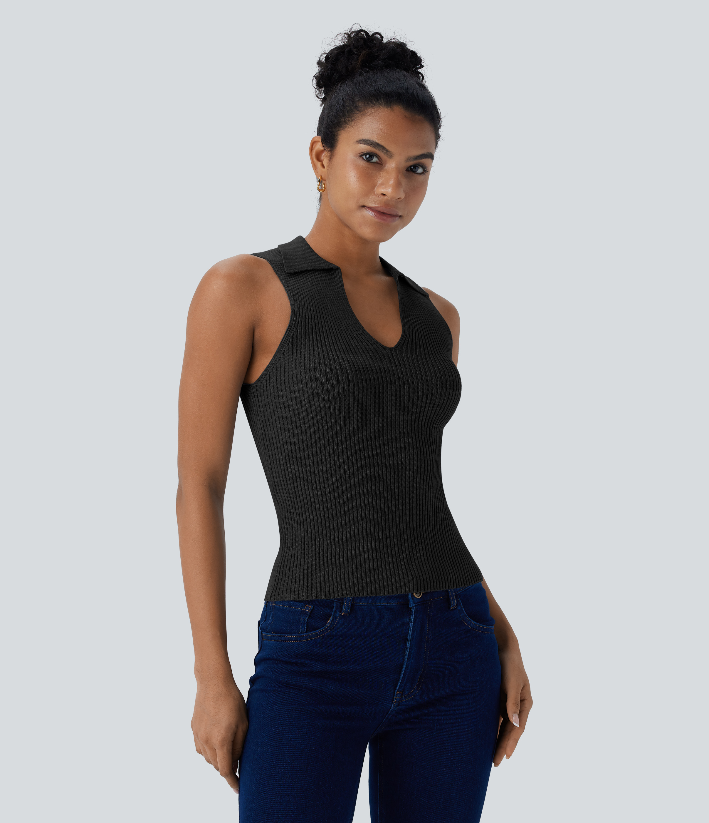 Halara Collared V Neck Sleeveless Casual Sweater  - Black - XS 