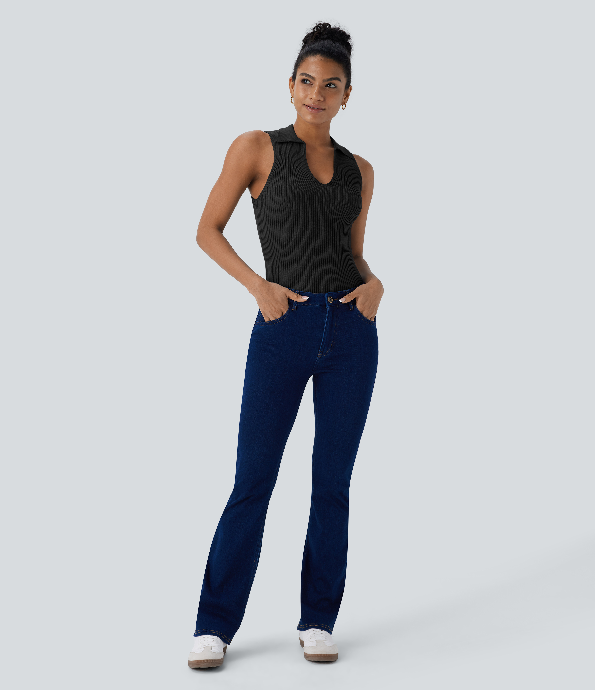 Halara Collared V Neck Sleeveless Casual Sweater  - Black - XS 