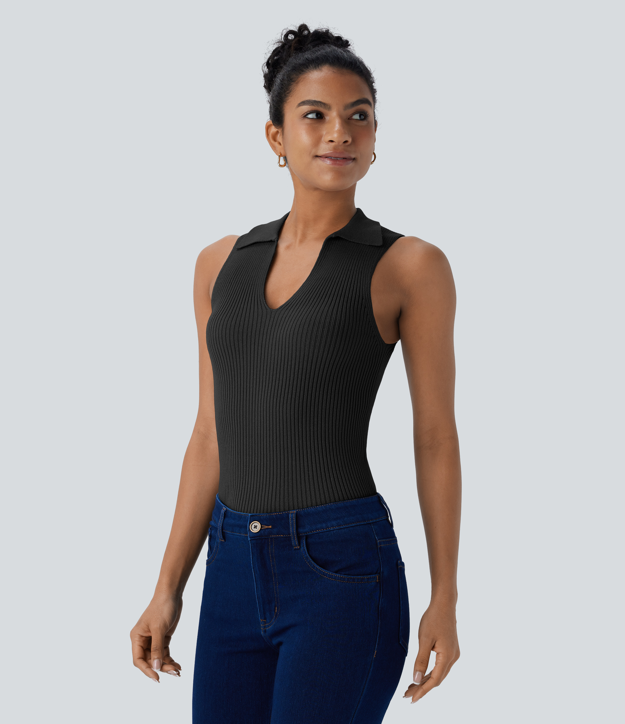 Halara Collared V Neck Sleeveless Casual Sweater  - Black - XS 