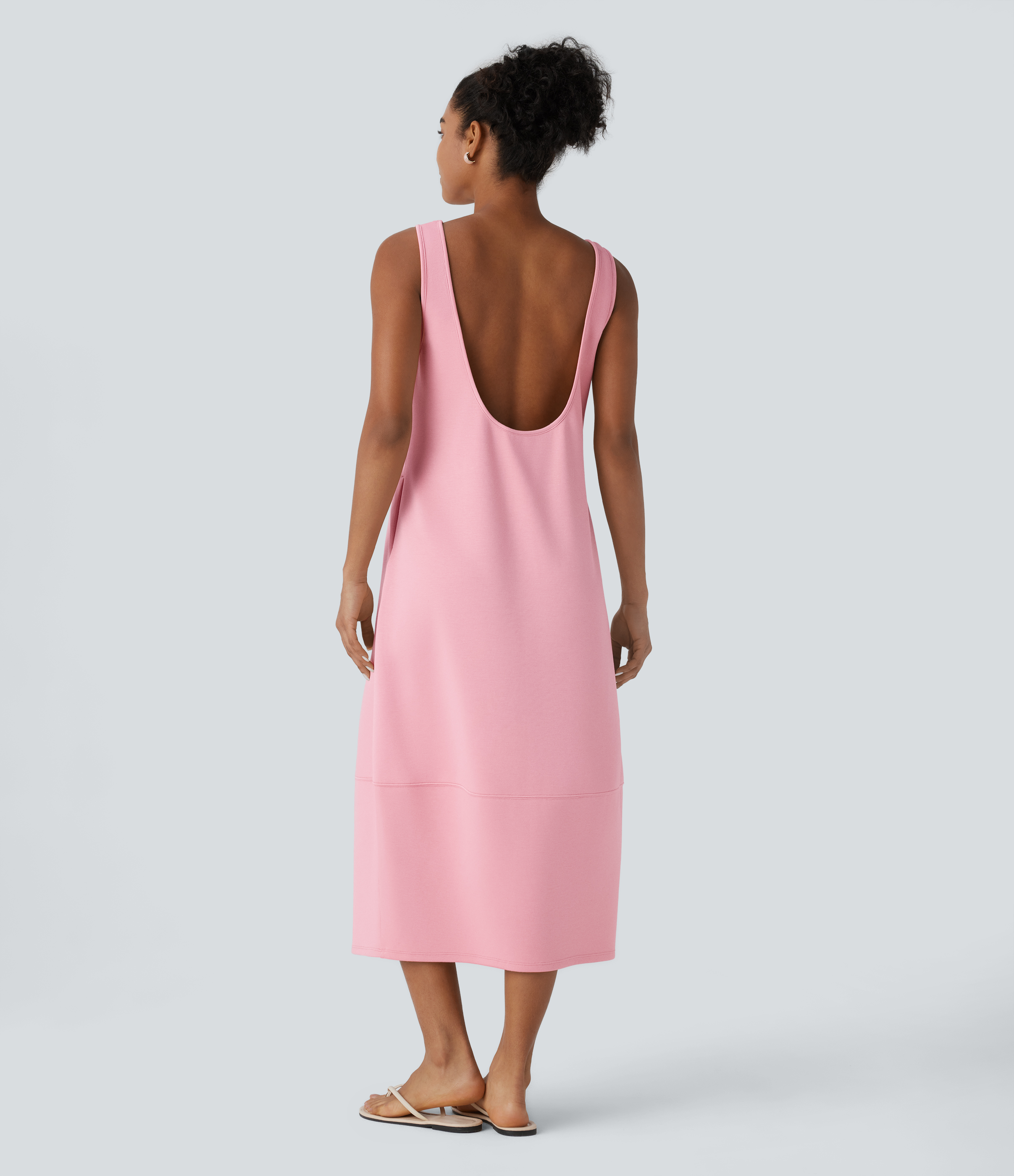 Halara Backless Side Pockets Barrel Midi Resort Tank Dress Casual Dress - Coral Blush - L slip dress beach dress ruched dress halter dress 