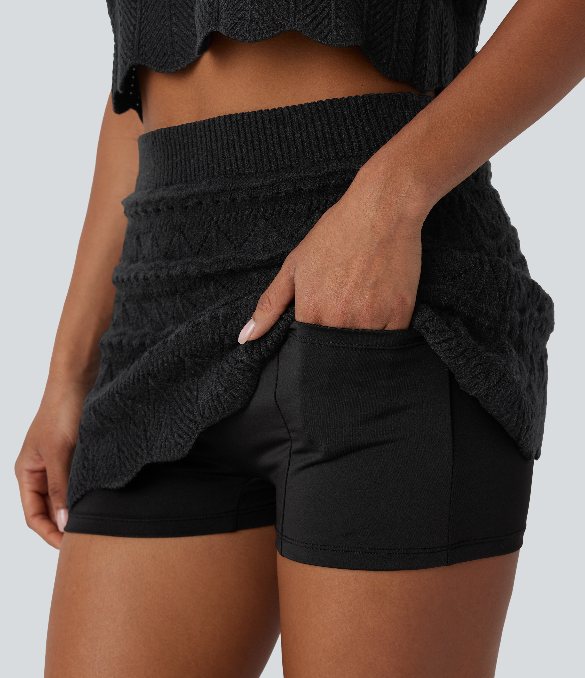 Halara High Waisted 2-in-1 Side Pocket Open Knit Mini Casual Sweater Skirt  - Black - L(regular) 